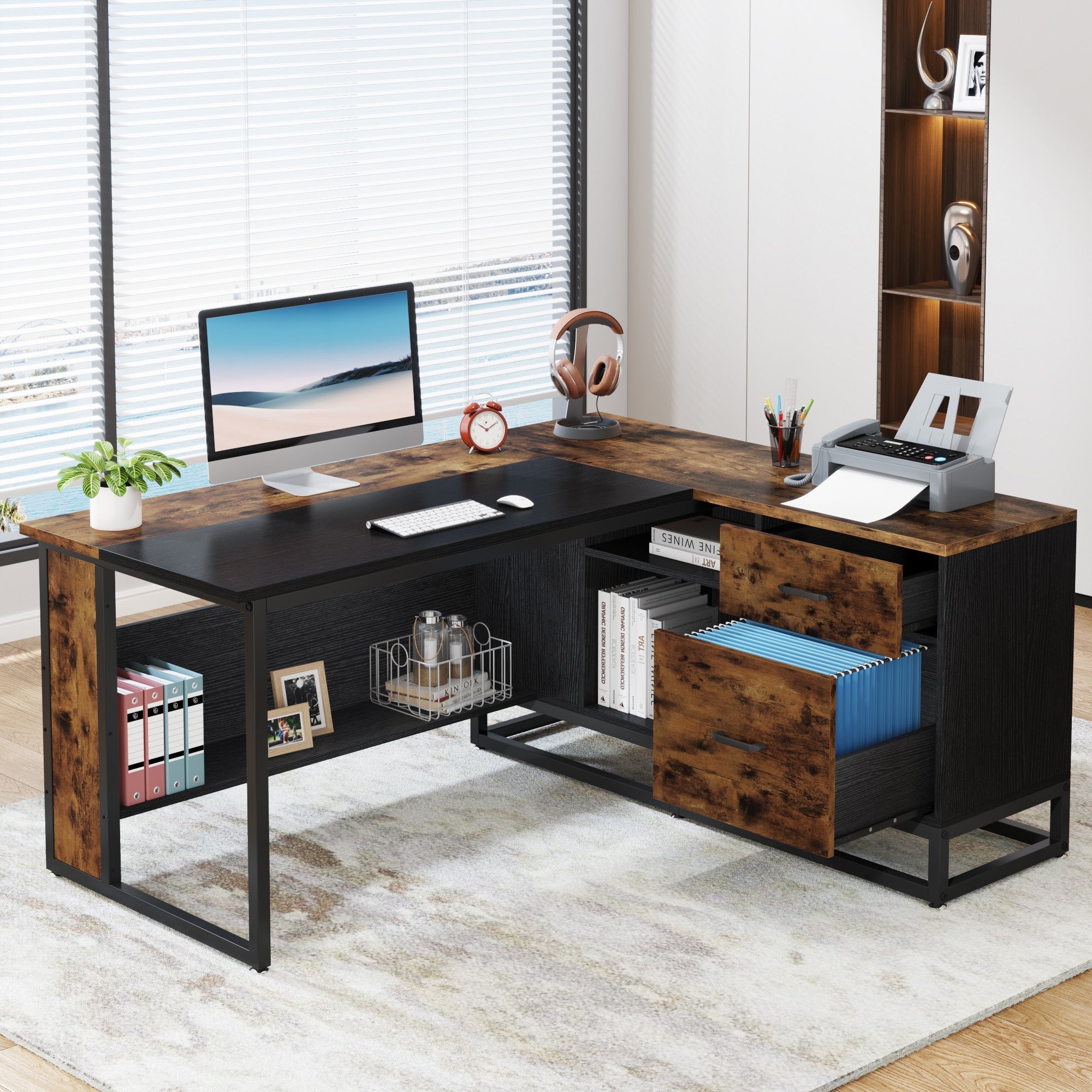 160 cm L-Shaped Desk, Large Executive Business Desk with Drawers and Shelves