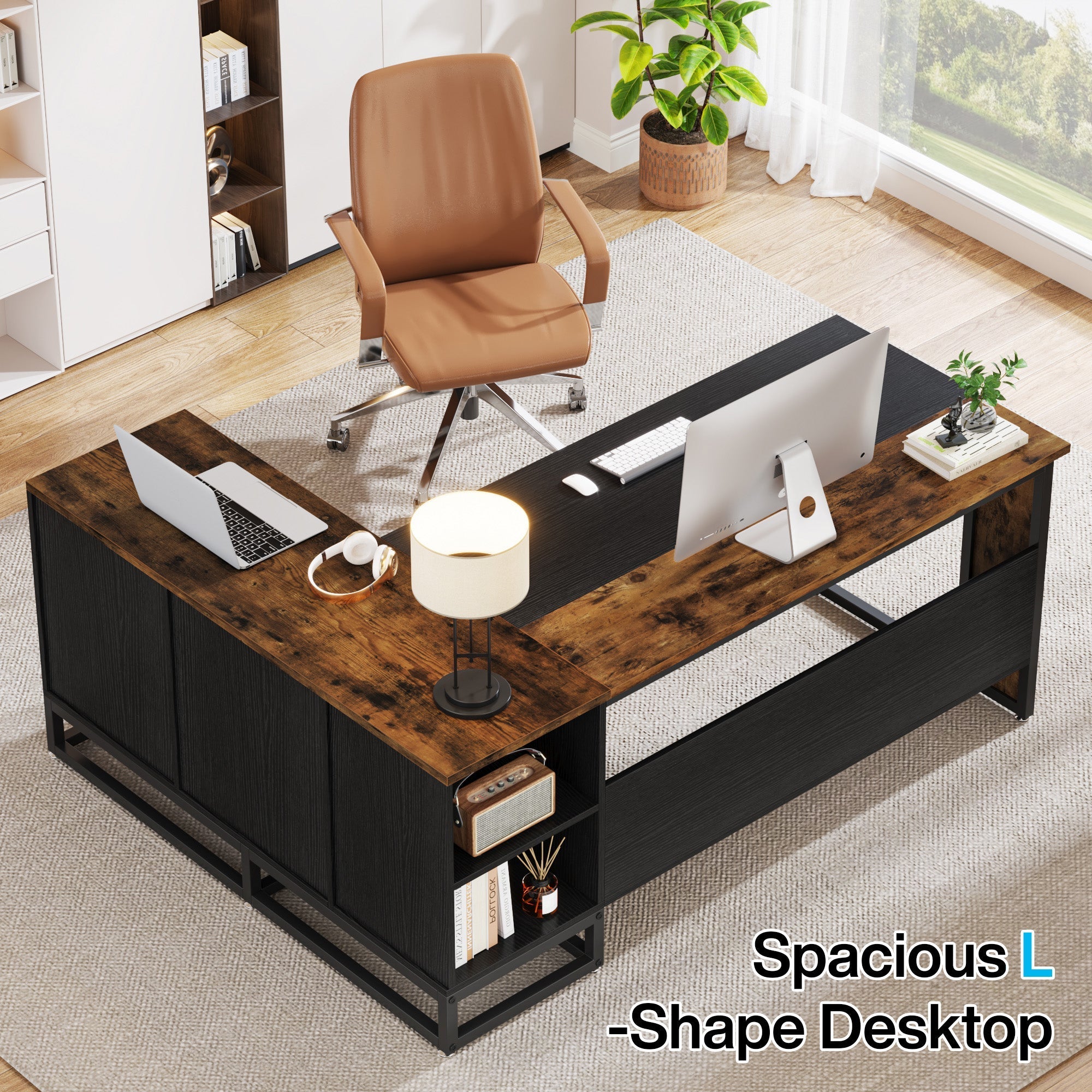 160 cm L-Shaped Desk, Large Executive Business Desk with Drawers and Shelves