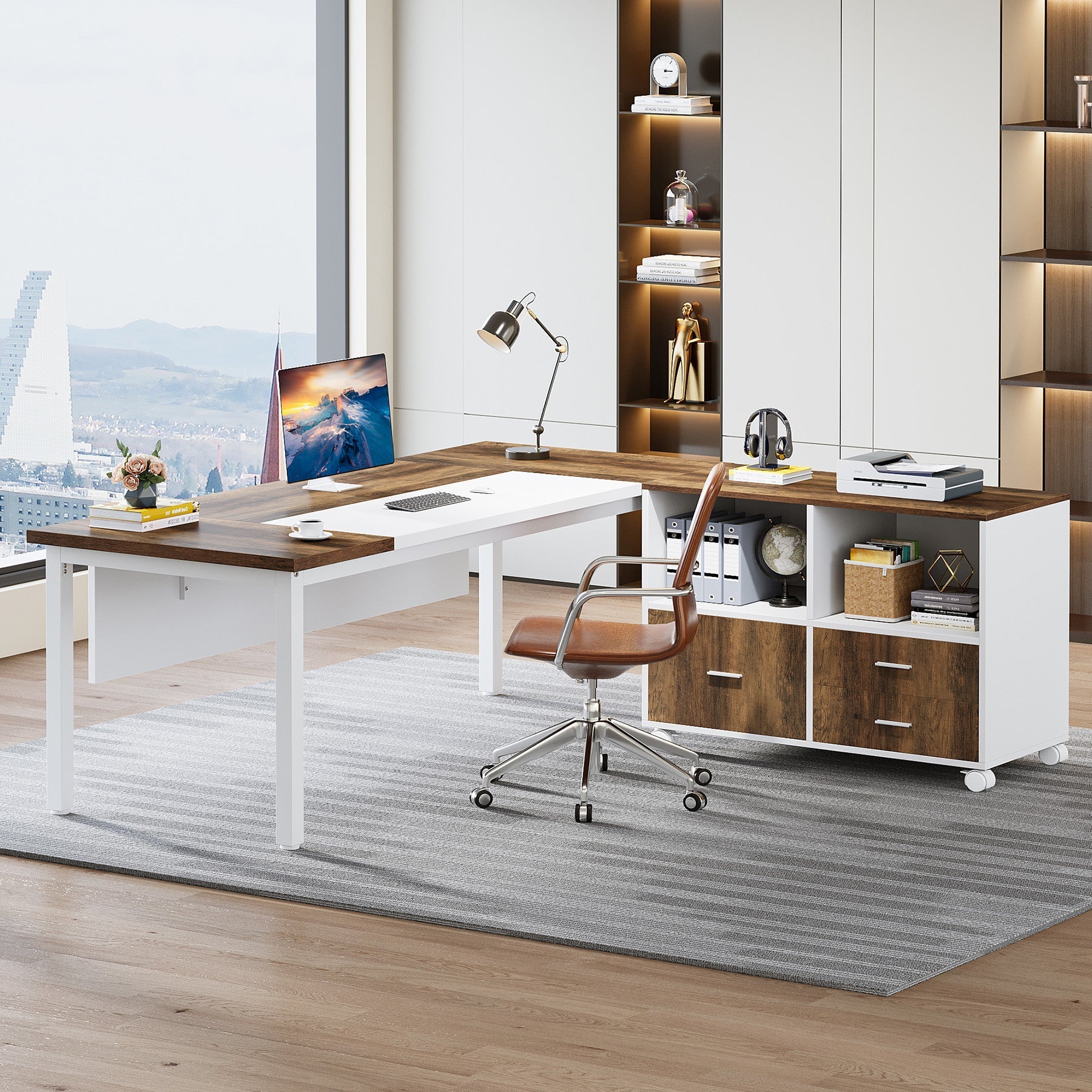 160 cm L-Shaped Desk, Modern Executive Computer Desk with 99 cm Mobile File Cabinet