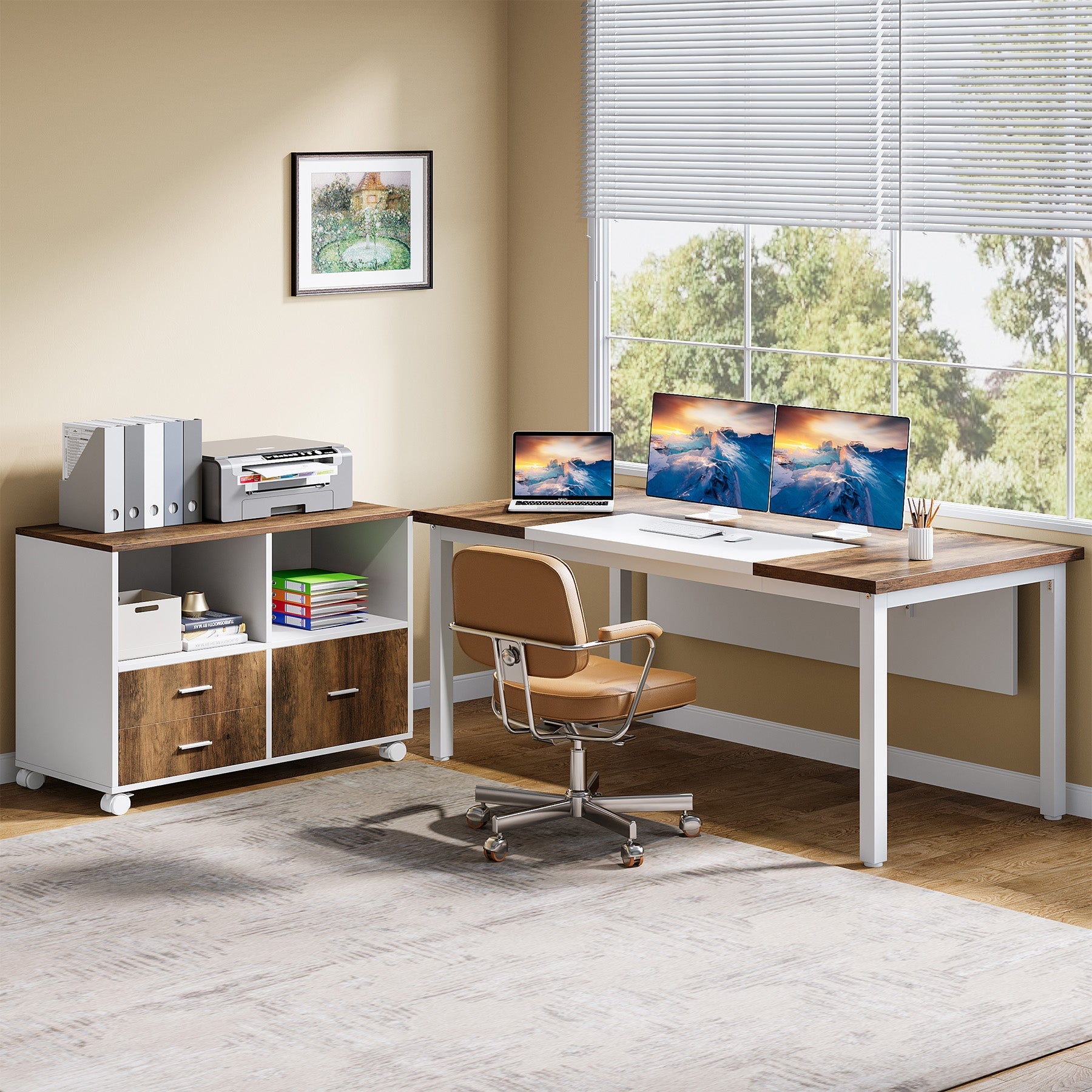 160 cm L-Shaped Desk, Modern Executive Computer Desk with 99 cm Mobile File Cabinet