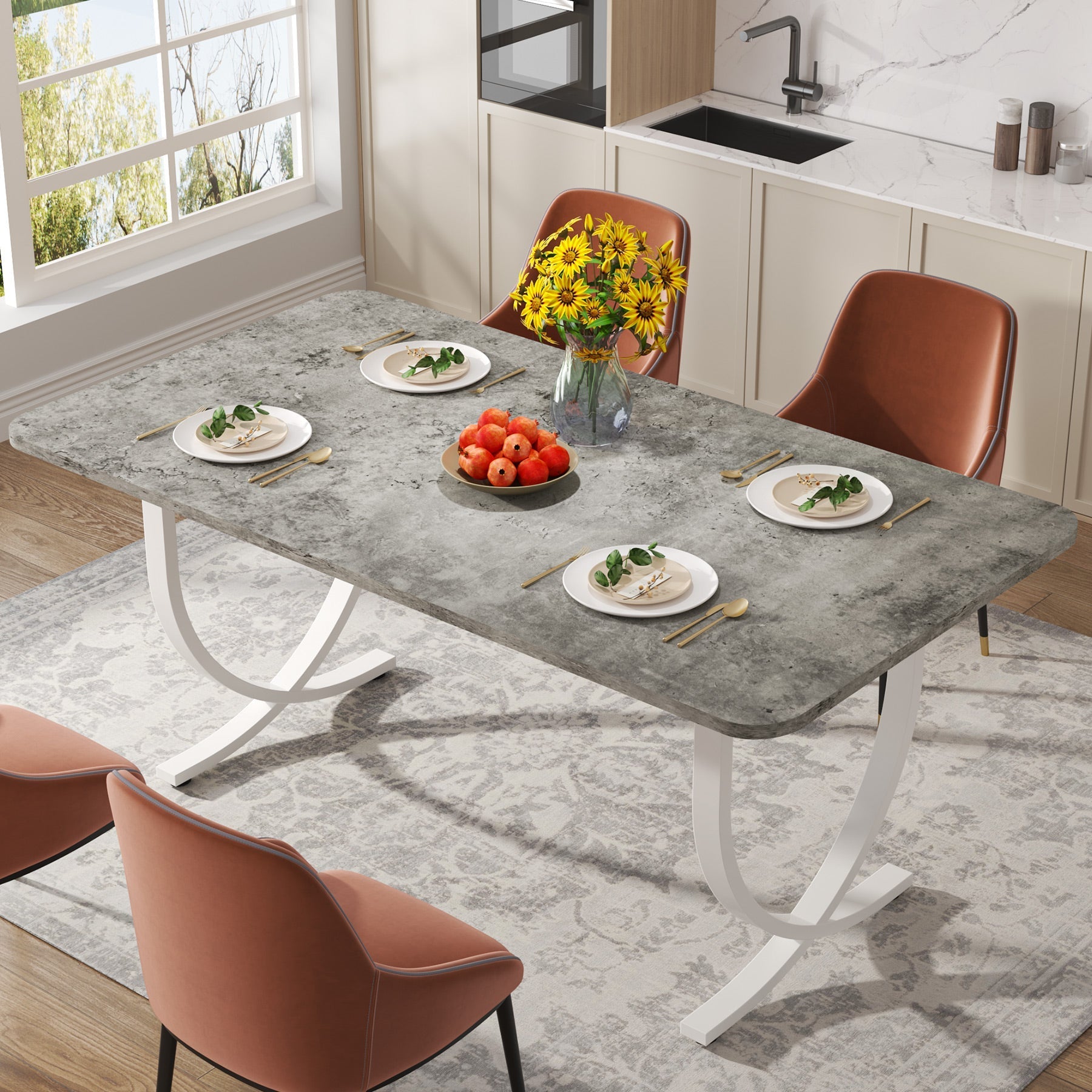 160 cm Modern Dining Table Kitchen Table with Faux Marble Table Top