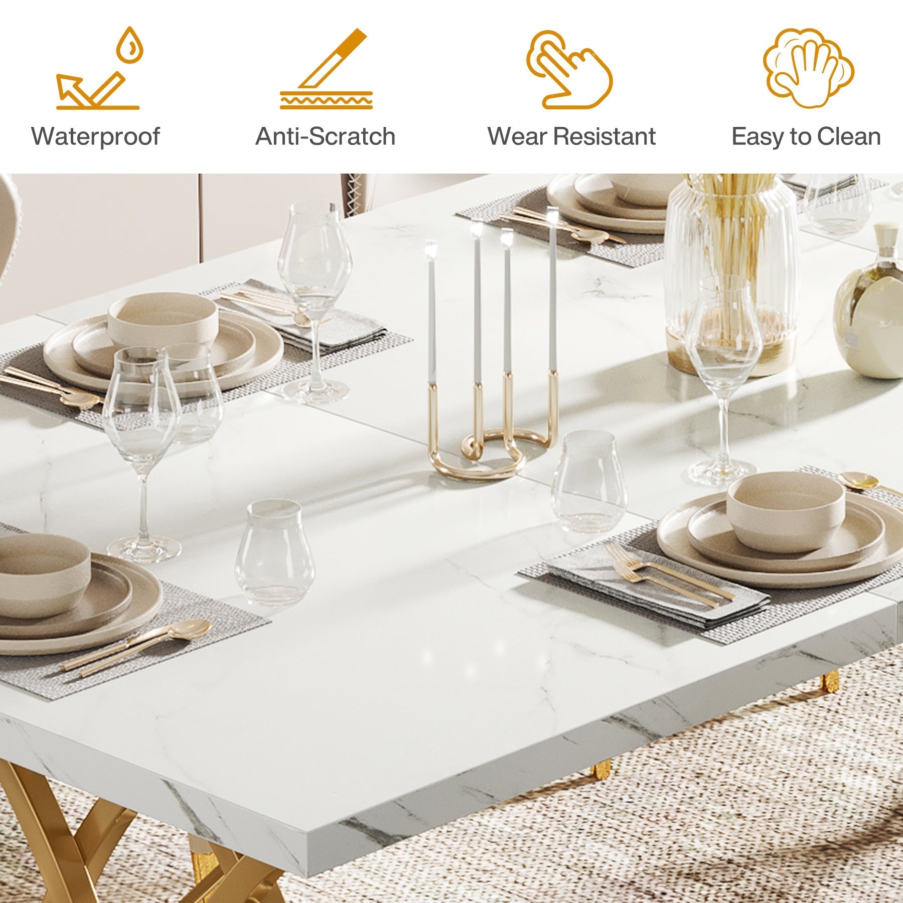 160 cm Modern Dining Table with Faux Marble Tabletop for 4-6 People