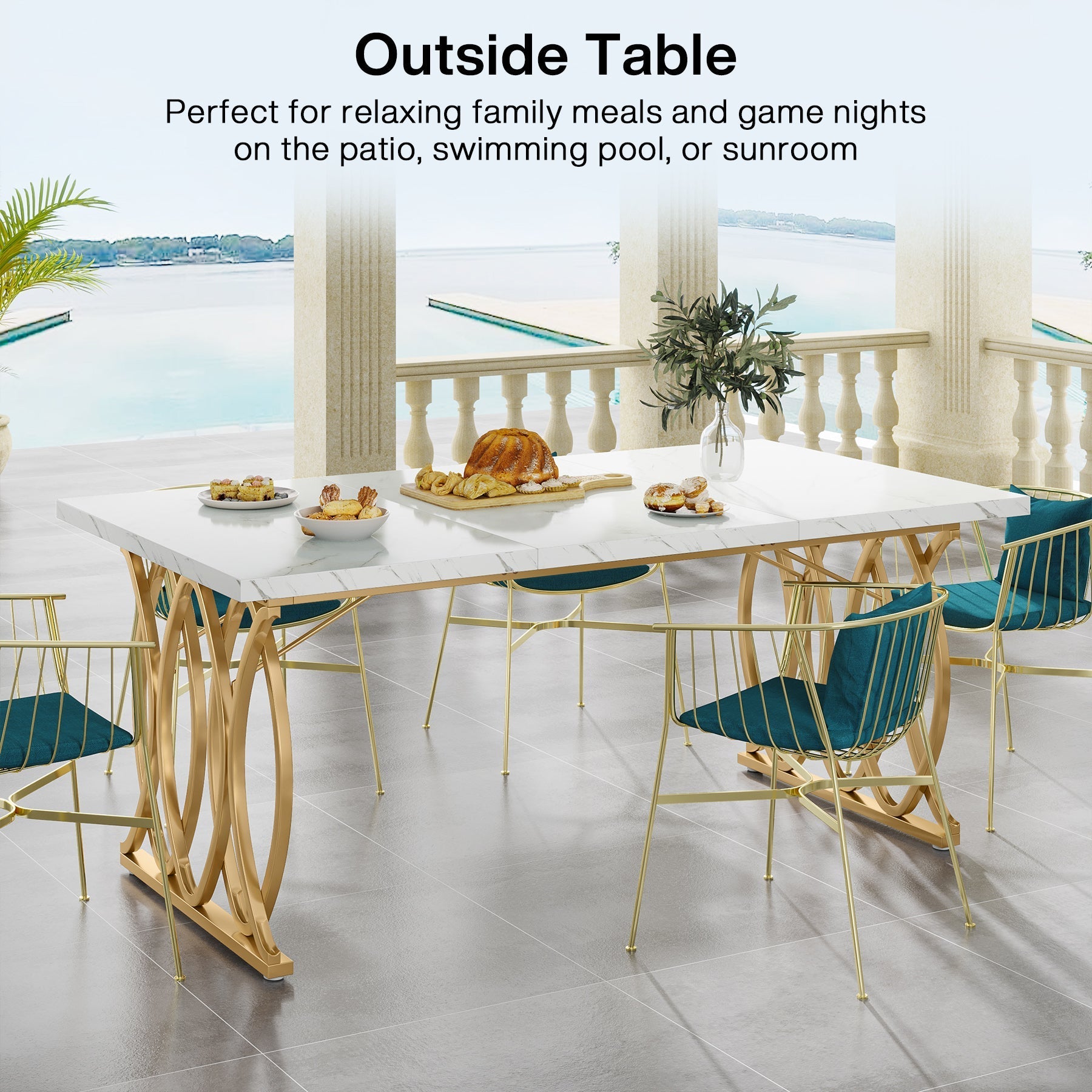 160 cm Modern Dining Table with Faux Marble Tabletop for 4-6 People