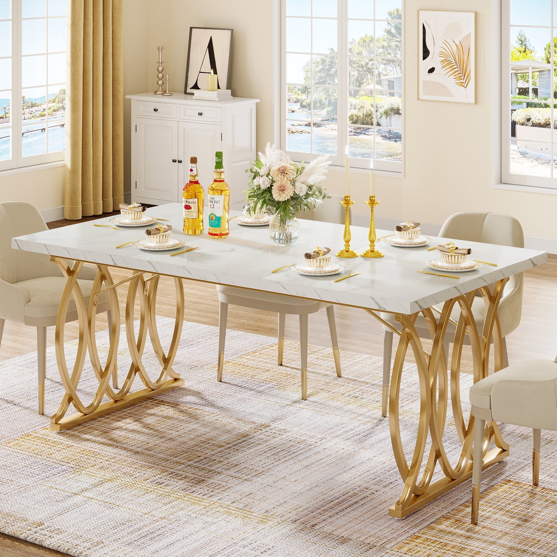 160 cm Modern Dining Table with Faux Marble Tabletop for 4-6 People