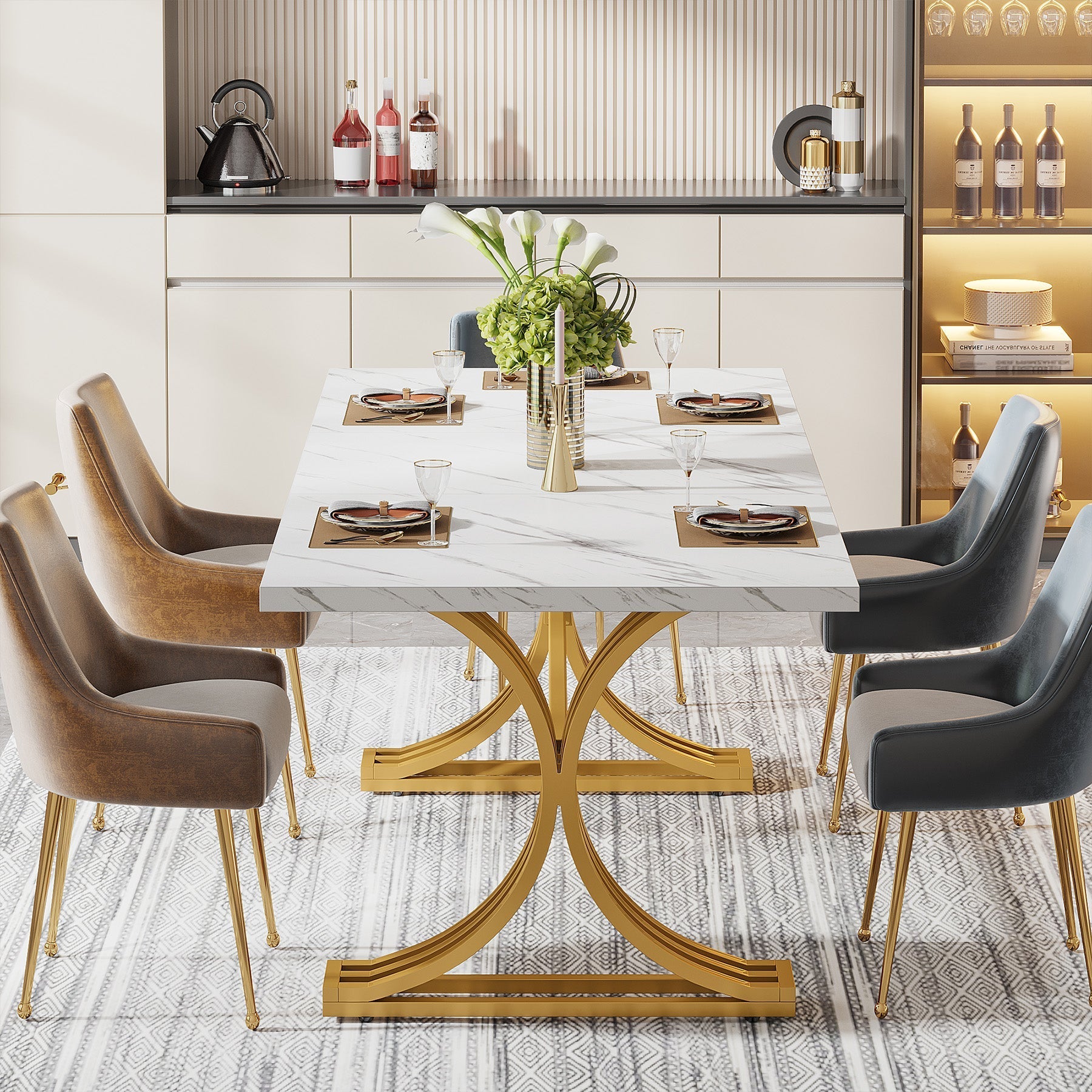 160 cm Modern Dining Table with Faux Marble Tabletop & Metal Legs