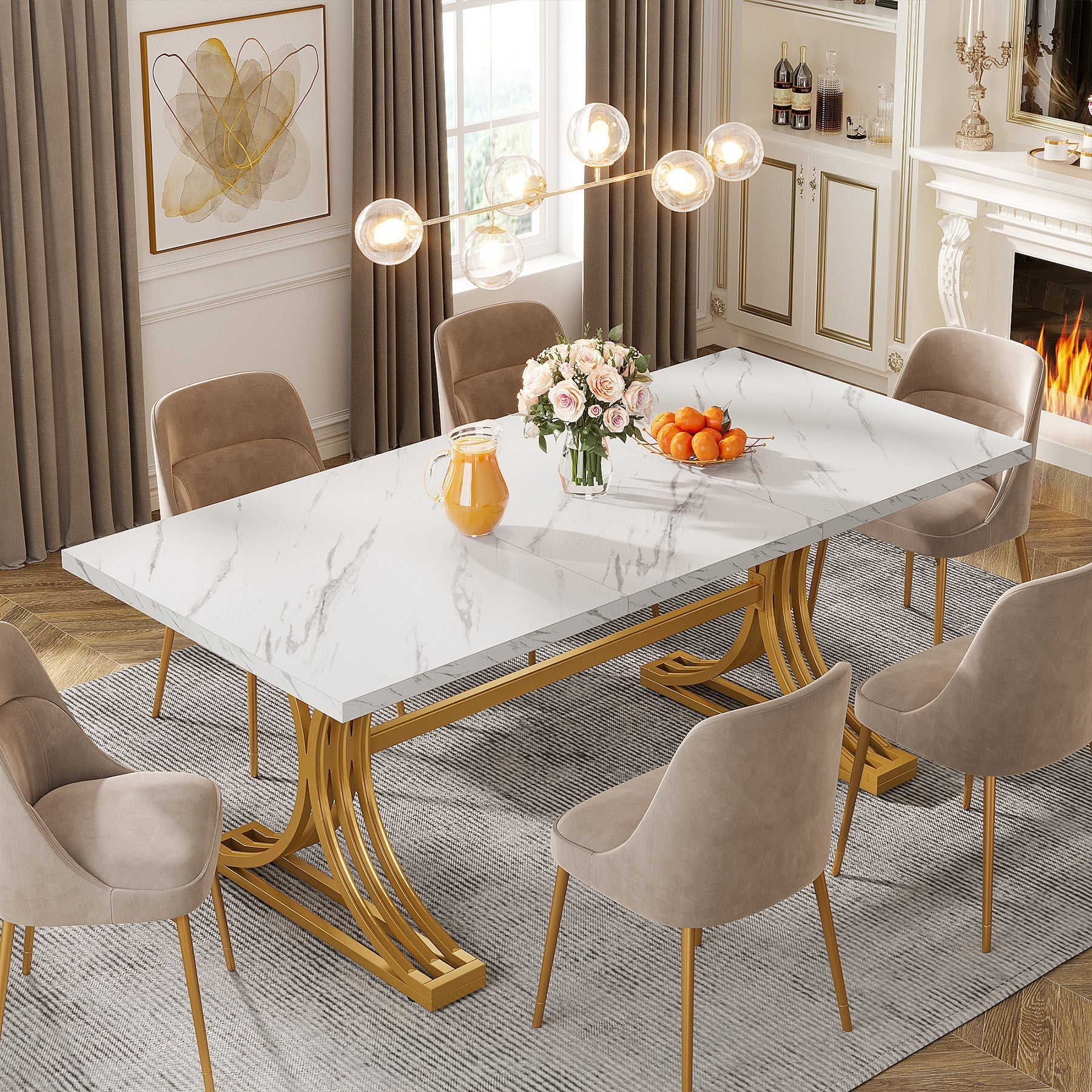 160 cm Modern Dining Table with Faux Marble Tabletop & Metal Legs