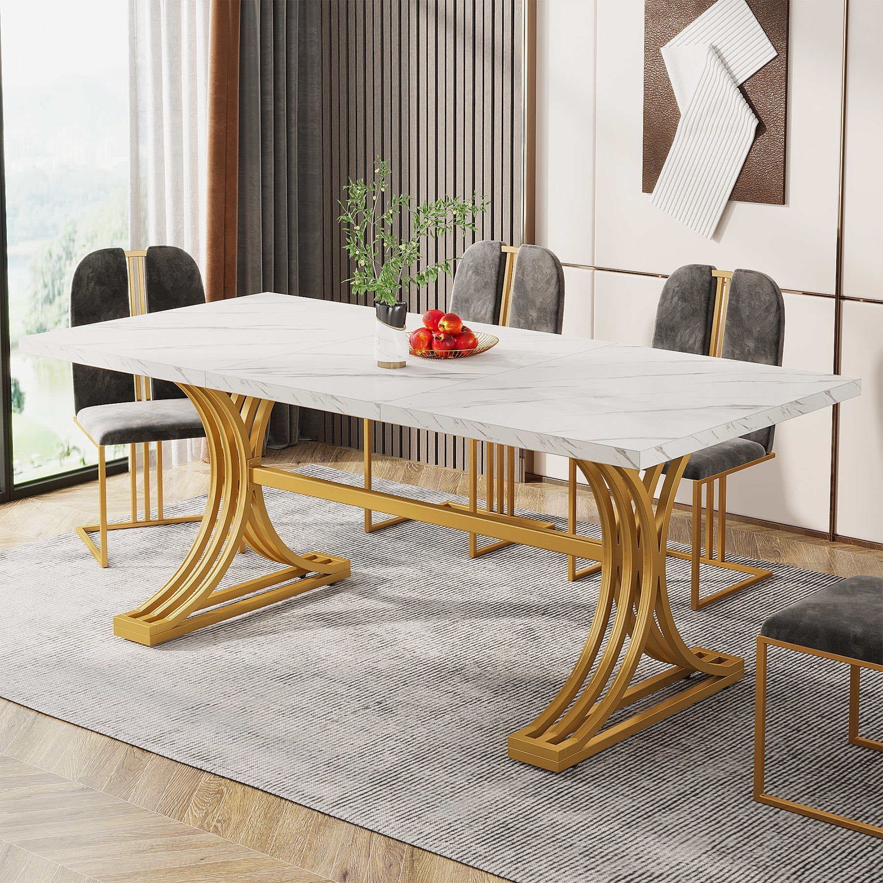 160 cm Modern Dining Table with Faux Marble Tabletop & Metal Legs