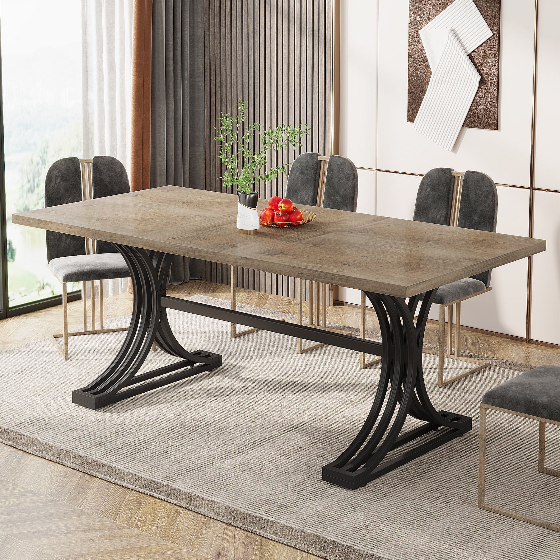 160 cm Modern Dining Table with Faux Marble Tabletop & Metal Legs