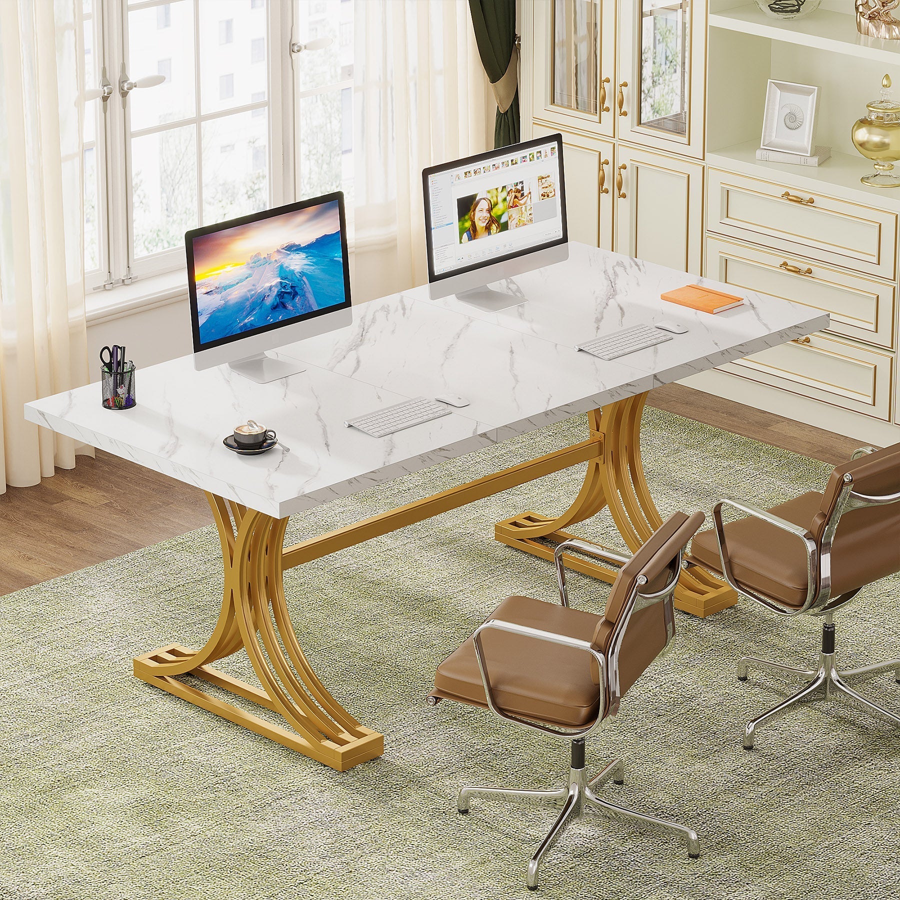 160 cm Modern Executive Computer Desk with Faux Marble Tabletop