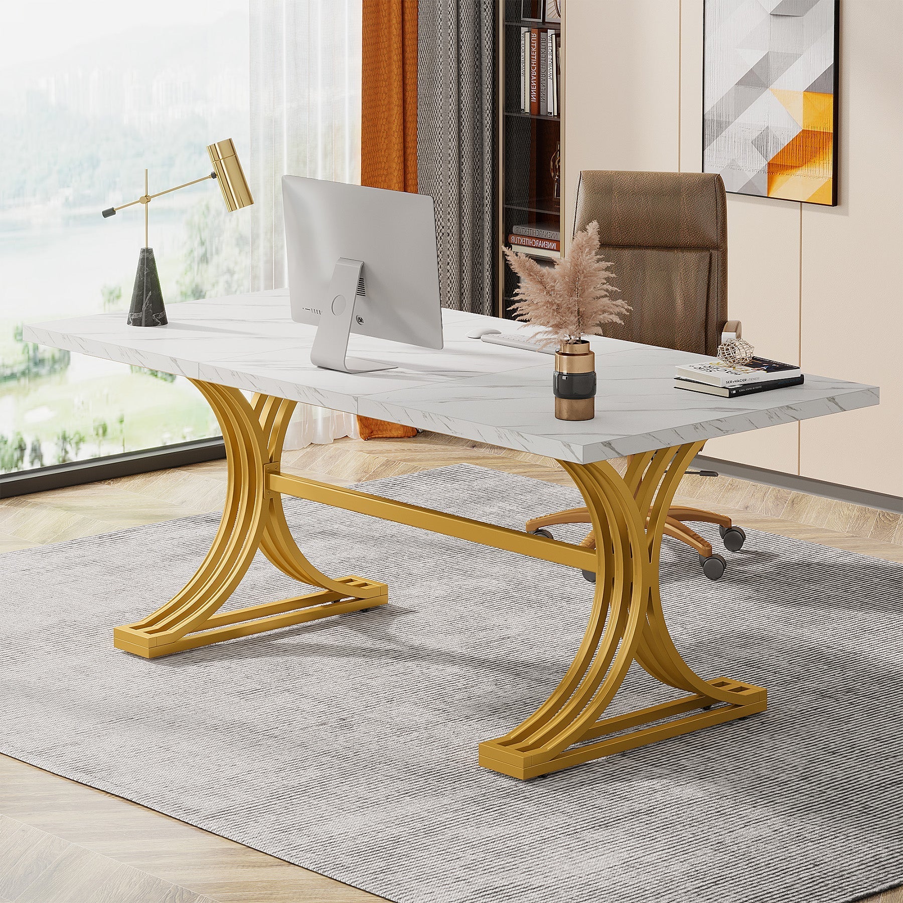 160 cm Modern Executive Computer Desk with Faux Marble Tabletop