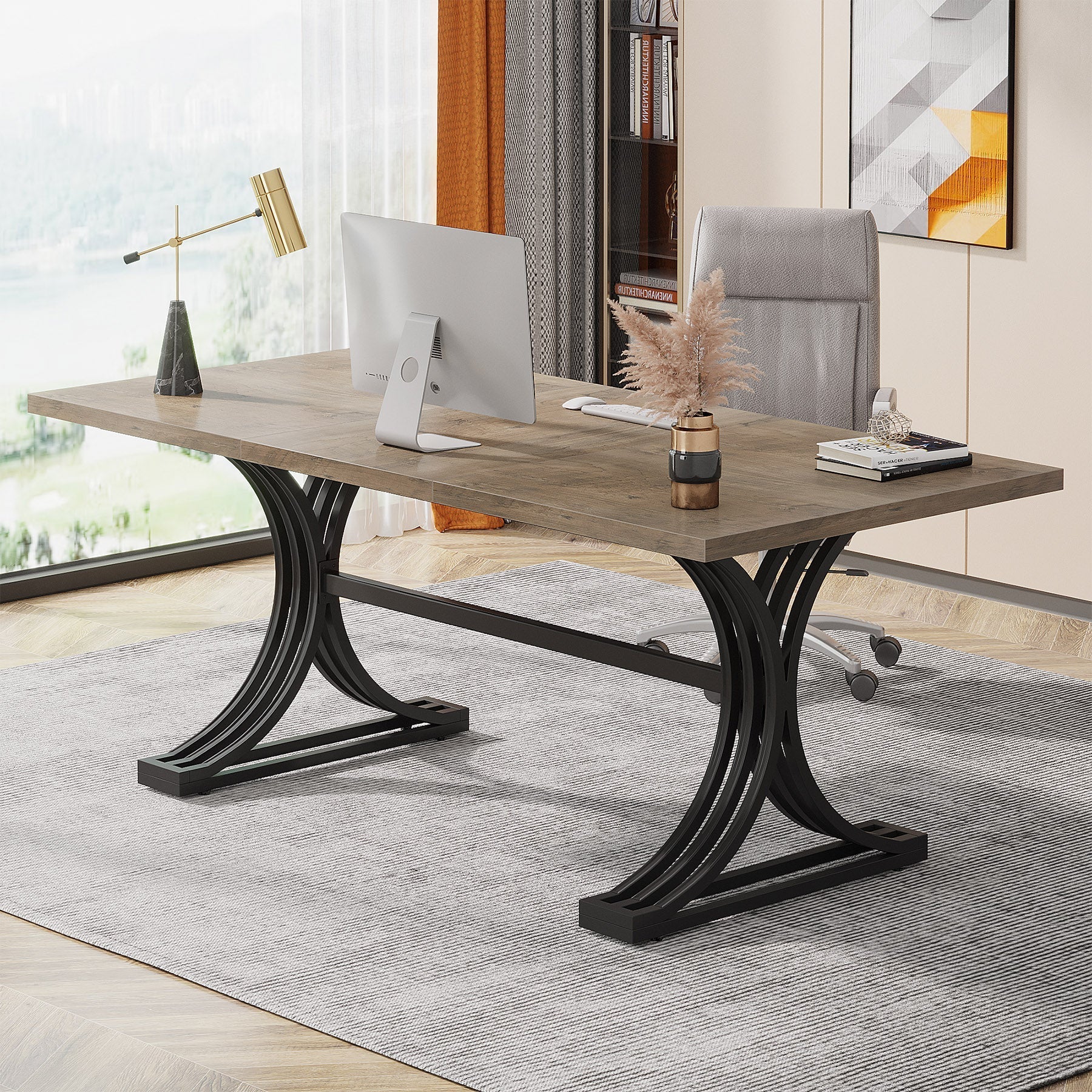 160 cm Modern Executive Computer Desk with Faux Marble Tabletop