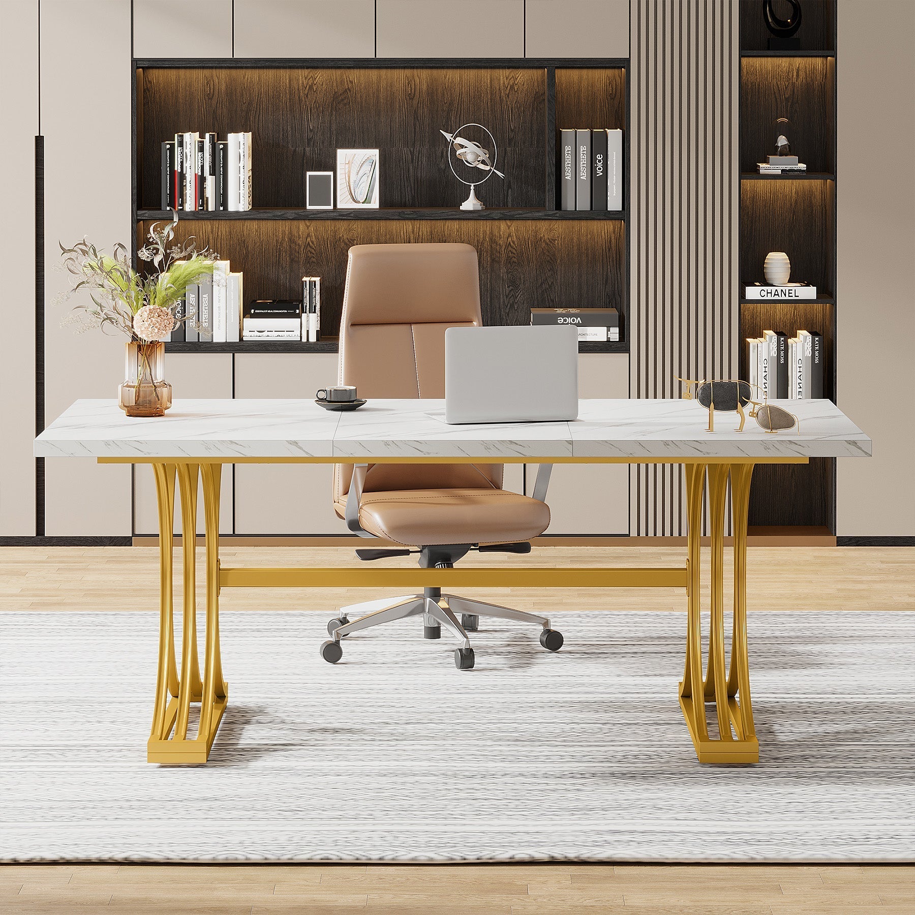 160 cm Modern Executive Computer Desk with Faux Marble Tabletop