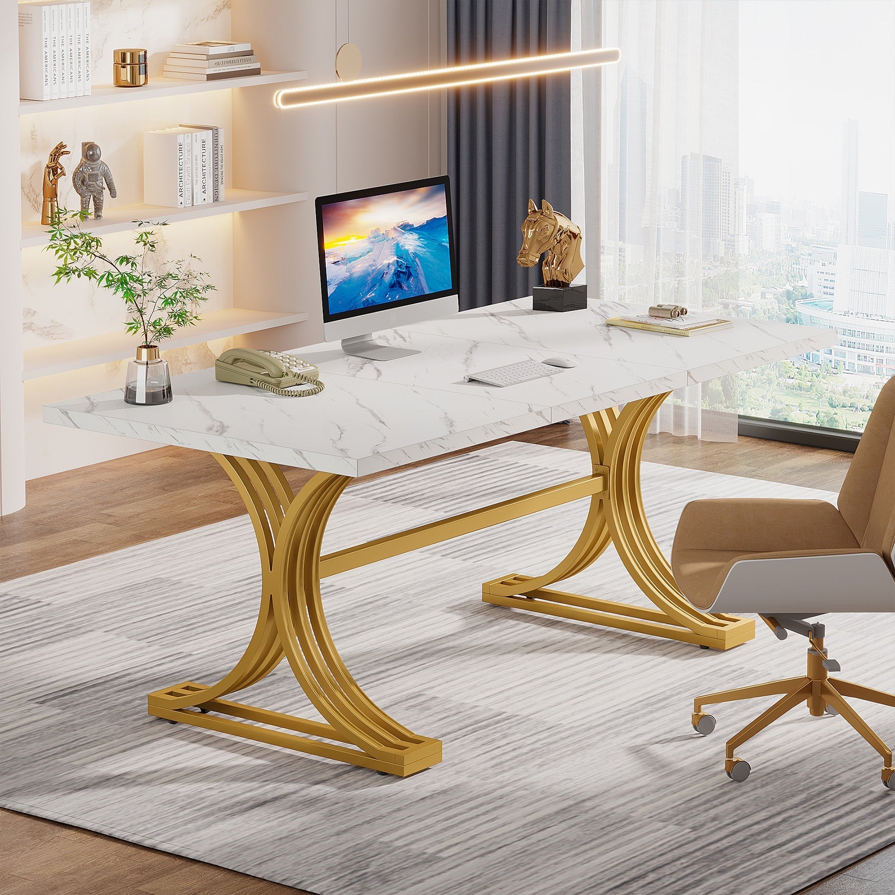 160 cm Modern Executive Computer Desk with Faux Marble Tabletop