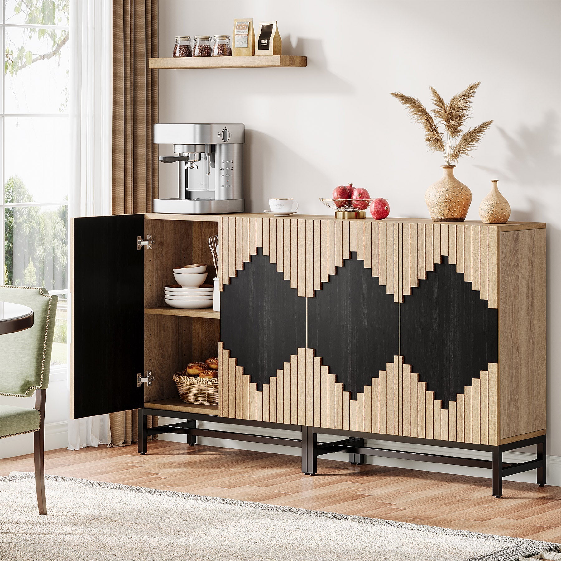 160 cm Sideboard Buffet, Farmhouse Sideboard Credenza Storage Cabinet with Doors