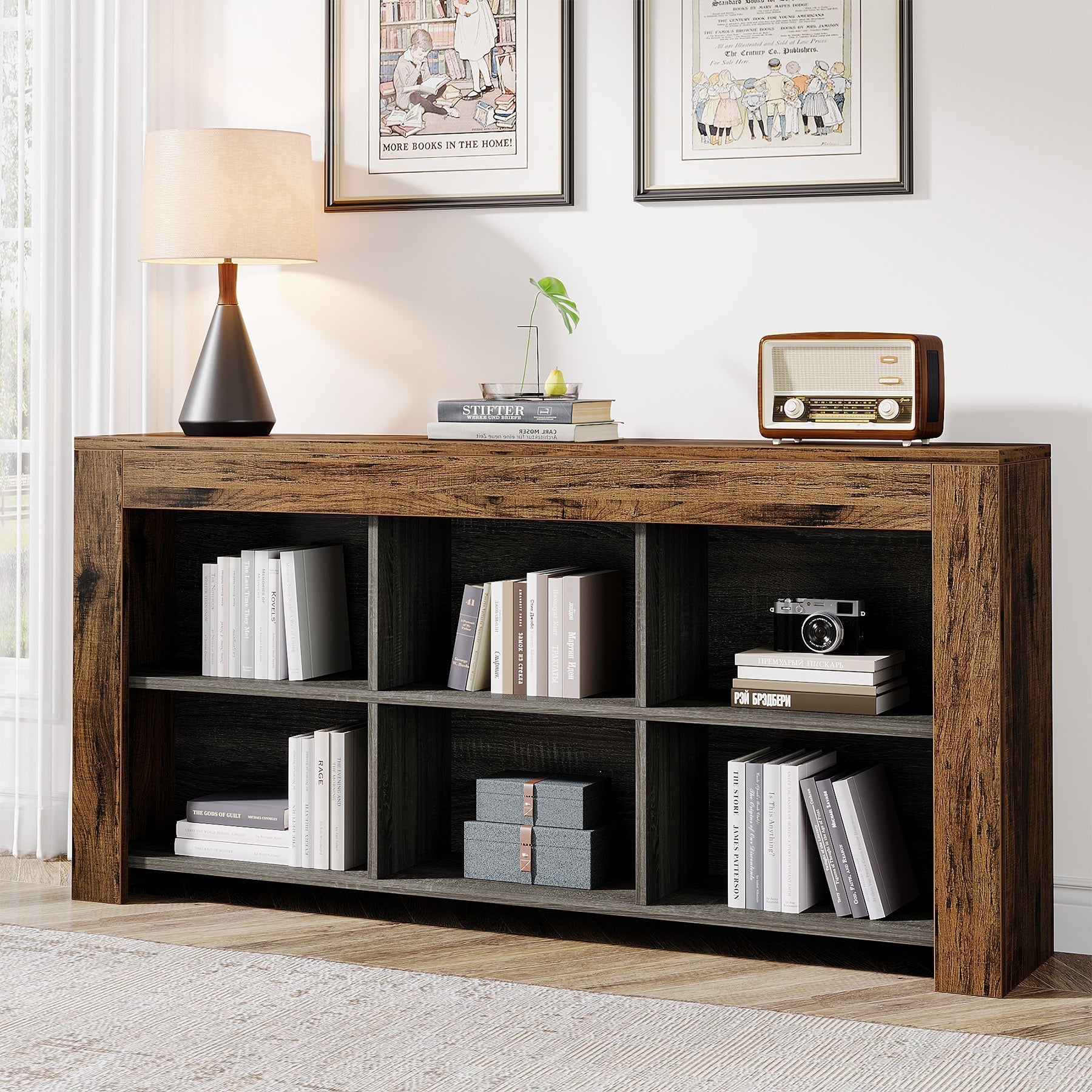 160 cm Wood Bookshelf, Horizontal Bookcase Storage Display Shelf