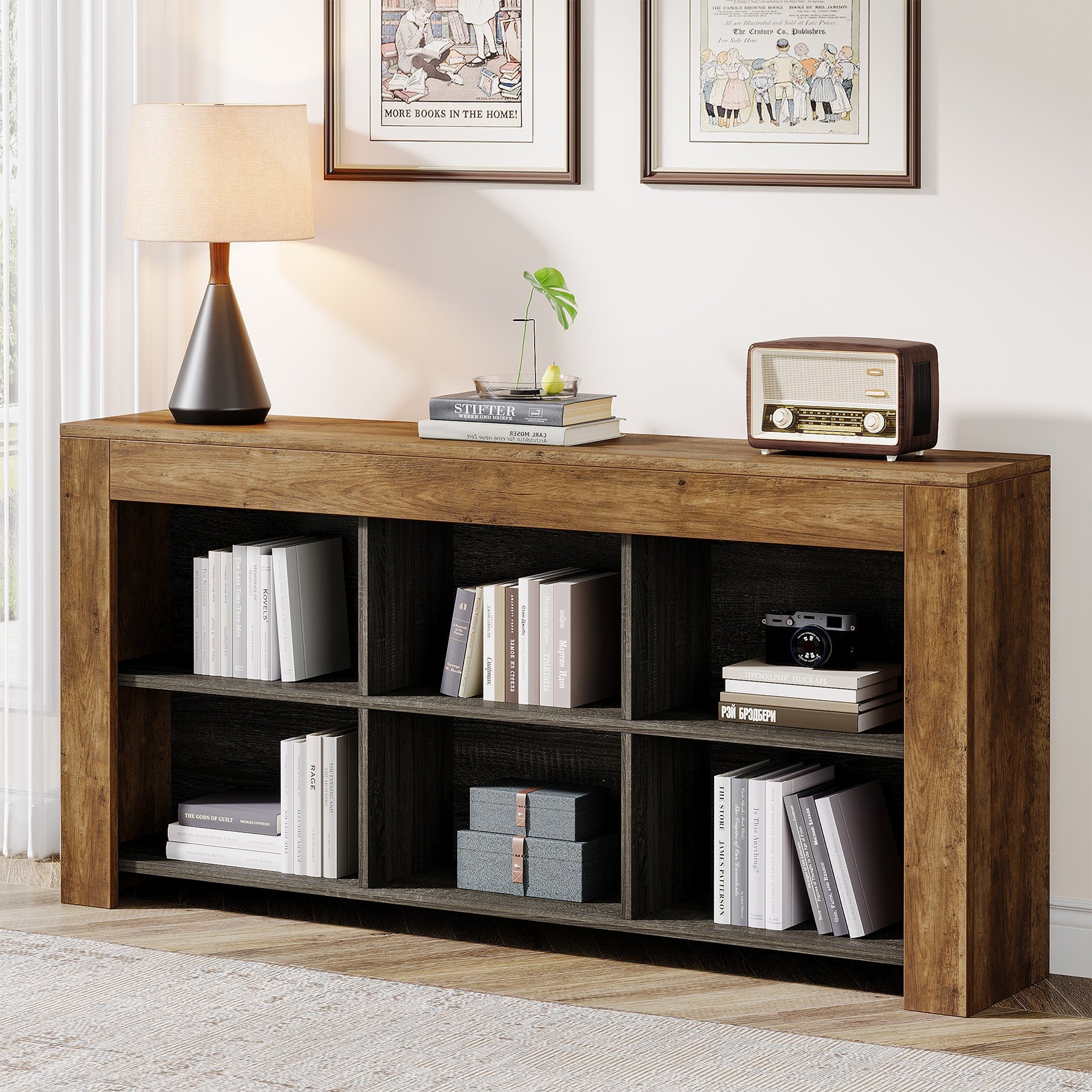 160 cm Wood Bookshelf, Horizontal Bookcase Storage Display Shelf