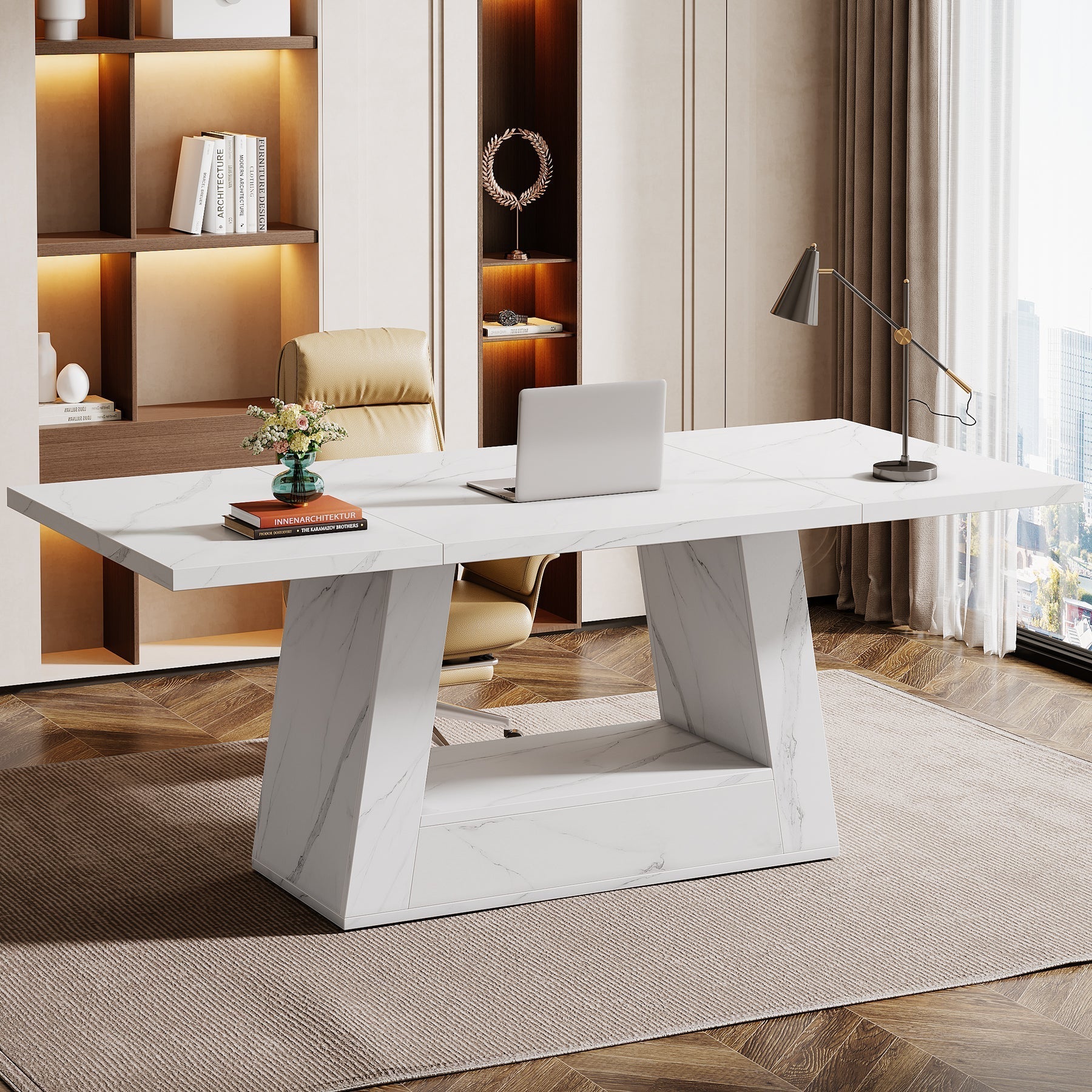 160 cm Wood Computer Desk, Faux Marble Executive Office Desk