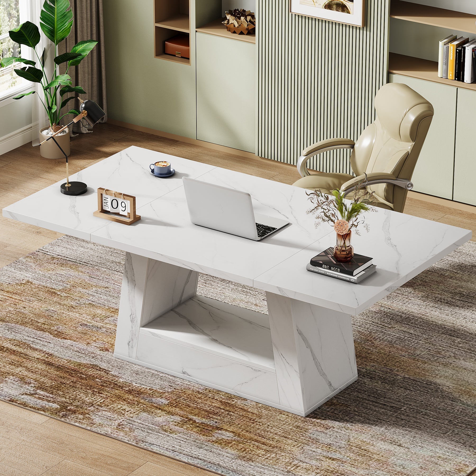 160 cm Wood Computer Desk, Faux Marble Executive Office Desk