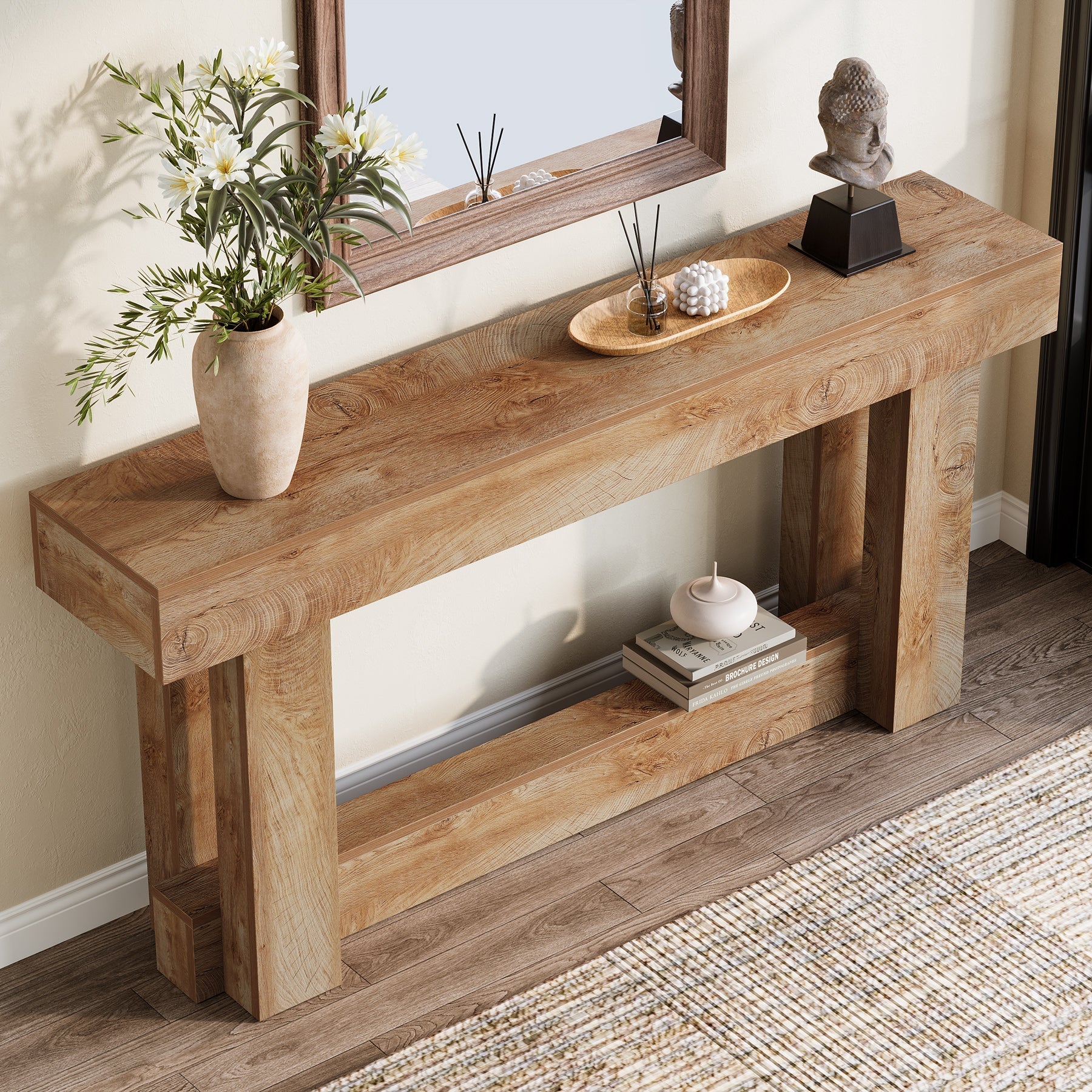 160 cm Wood Console Table, 2-Tier Farmhouse Entryway Table