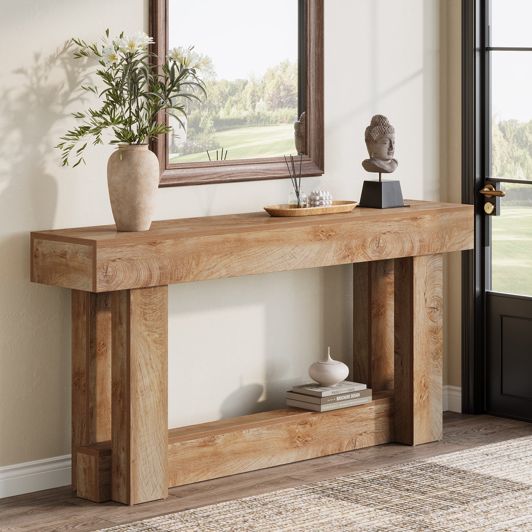 160 cm Wood Console Table, 2-Tier Farmhouse Entryway Table