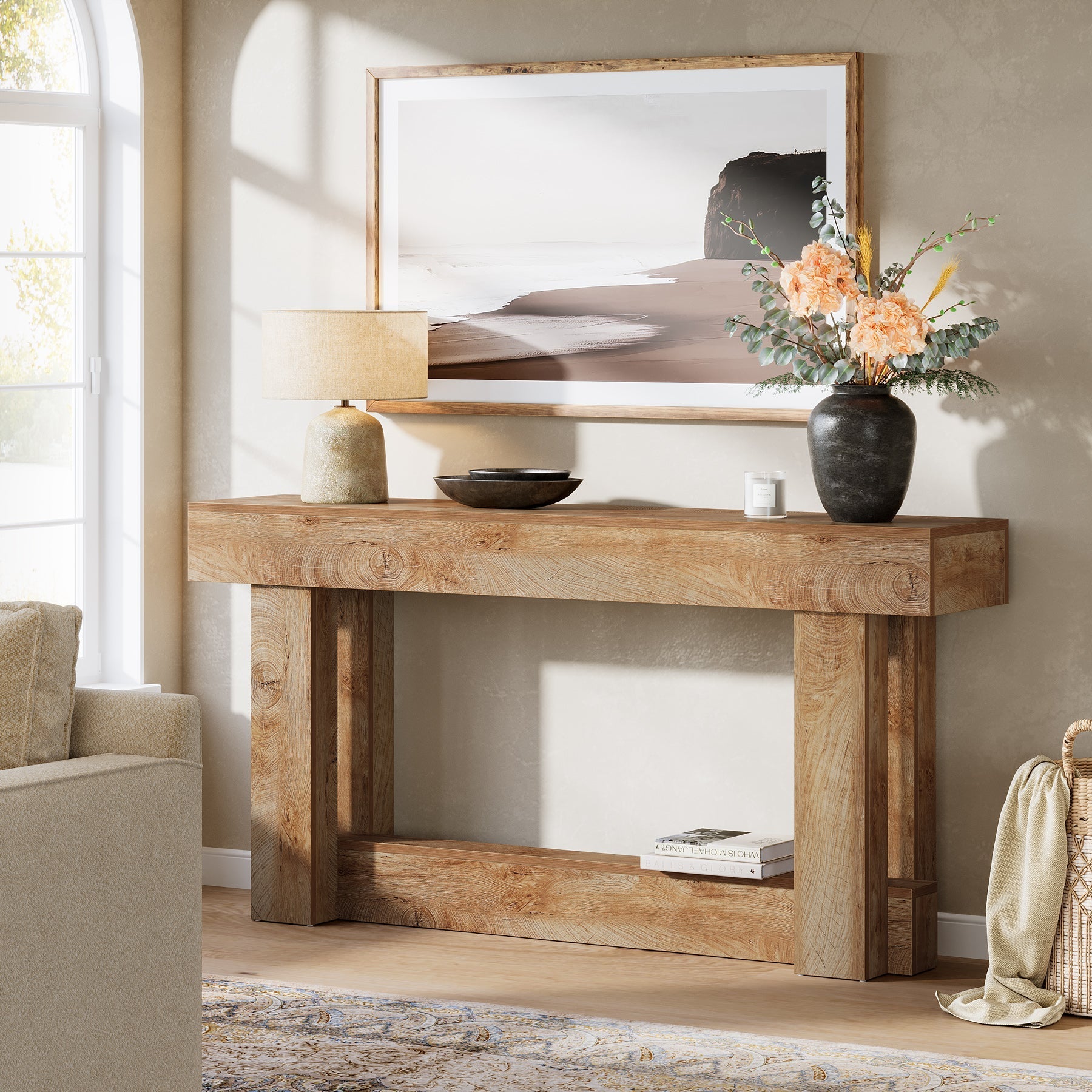 160 cm Wood Console Table, 2-Tier Farmhouse Entryway Table