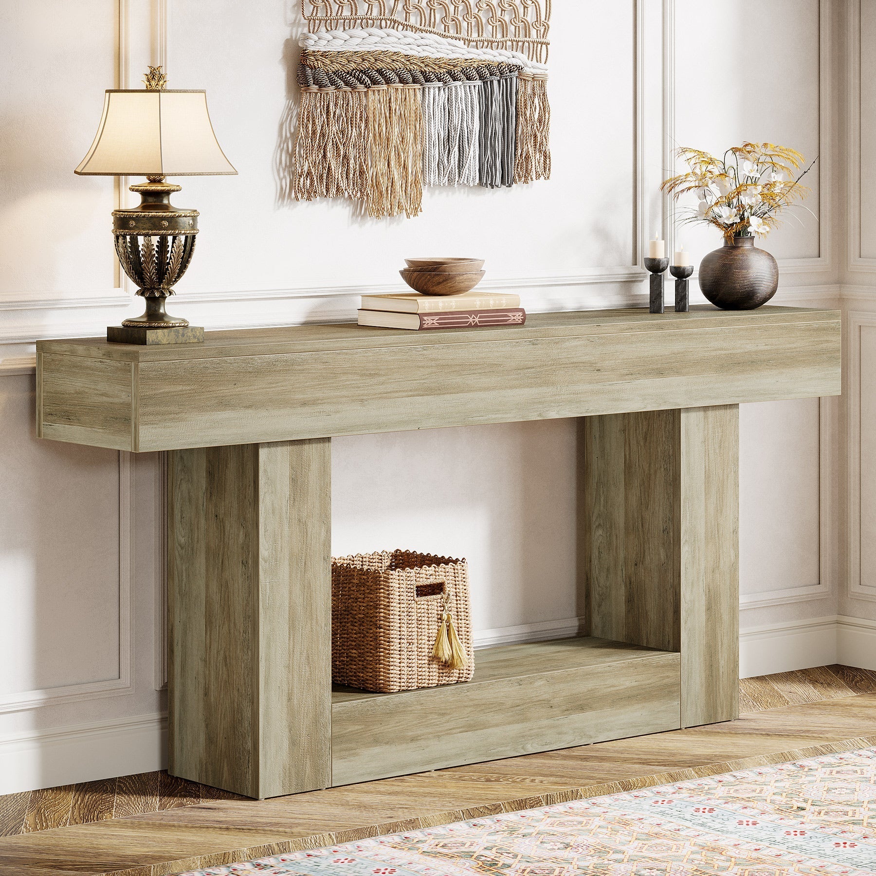 160 cm Wood Console Table, Farmhouse 2-Tier Sofa Table Entryway Table