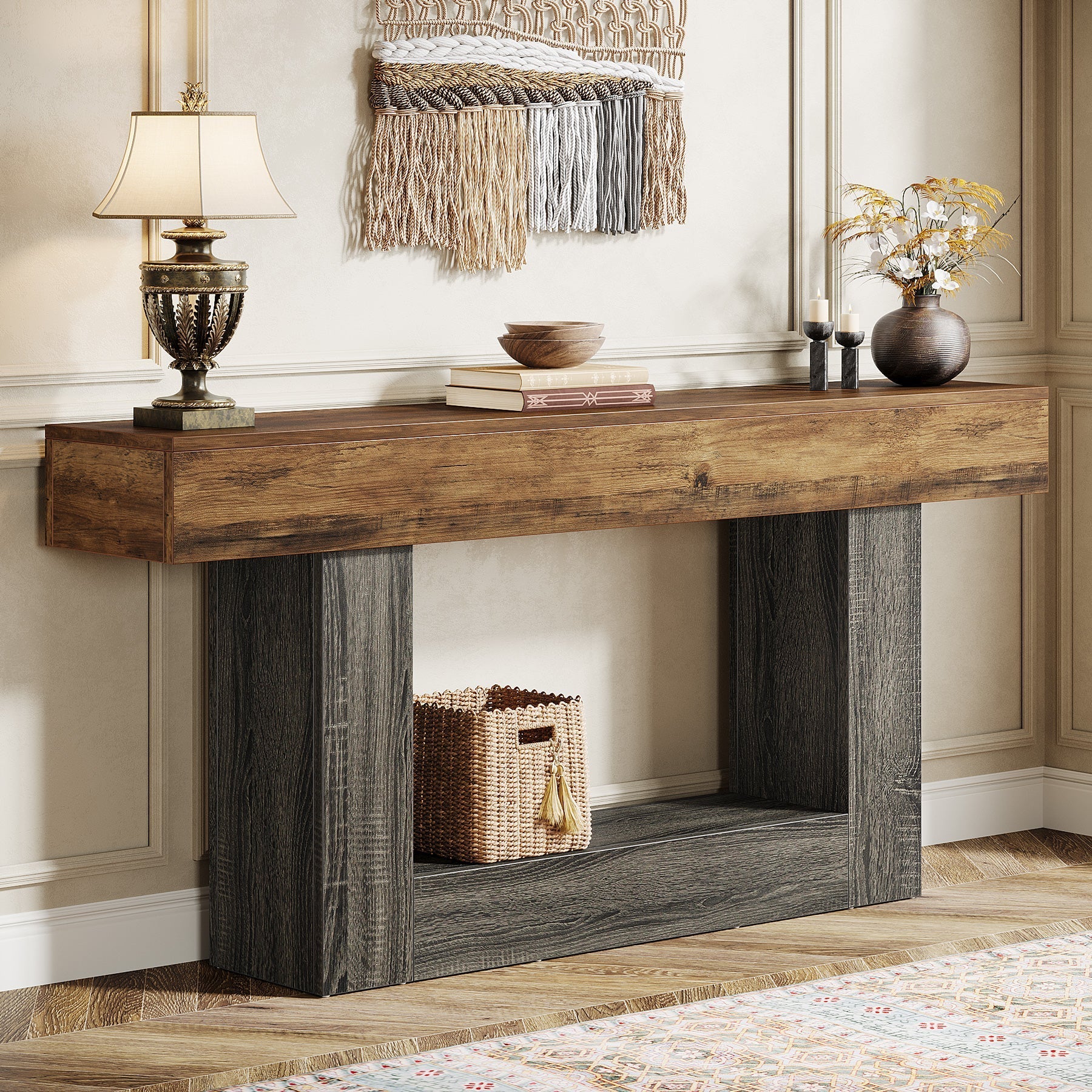 160 cm Wood Console Table, Farmhouse 2-Tier Sofa Table Entryway Table