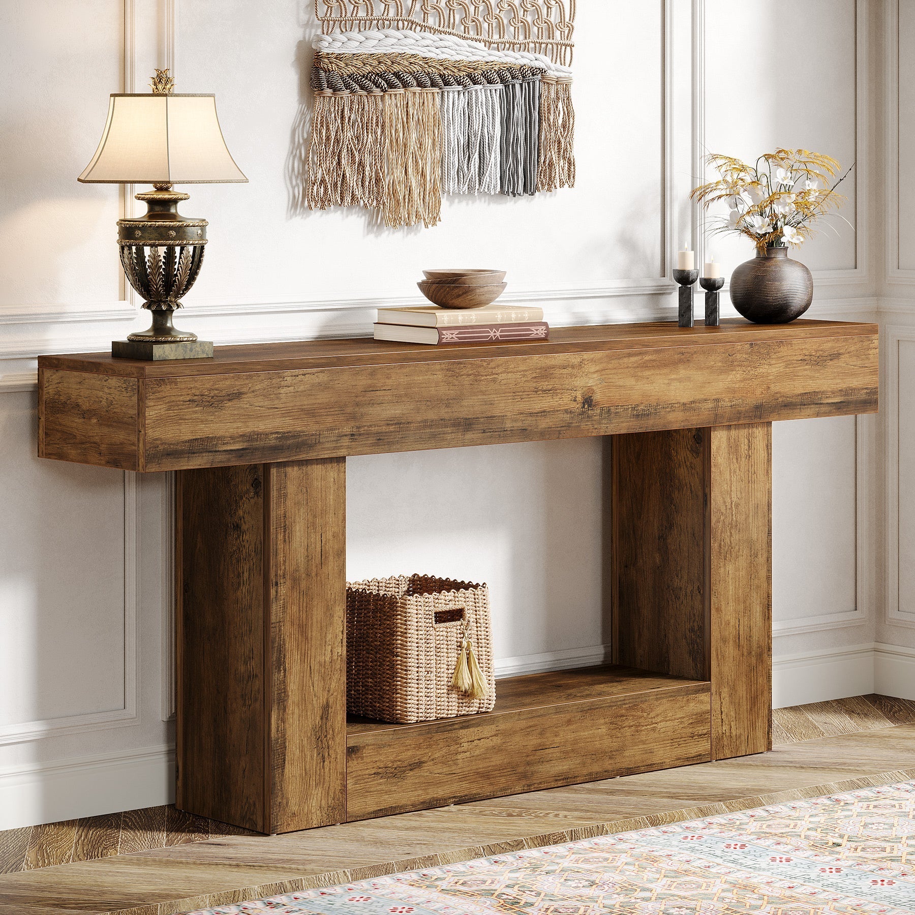 160 cm Wood Console Table, Farmhouse 2-Tier Sofa Table Entryway Table