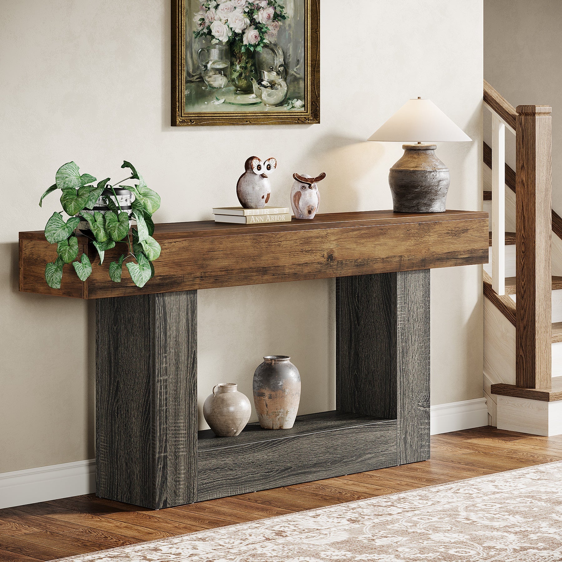 160 cm Wood Console Table, Farmhouse 2-Tier Sofa Table Entryway Table