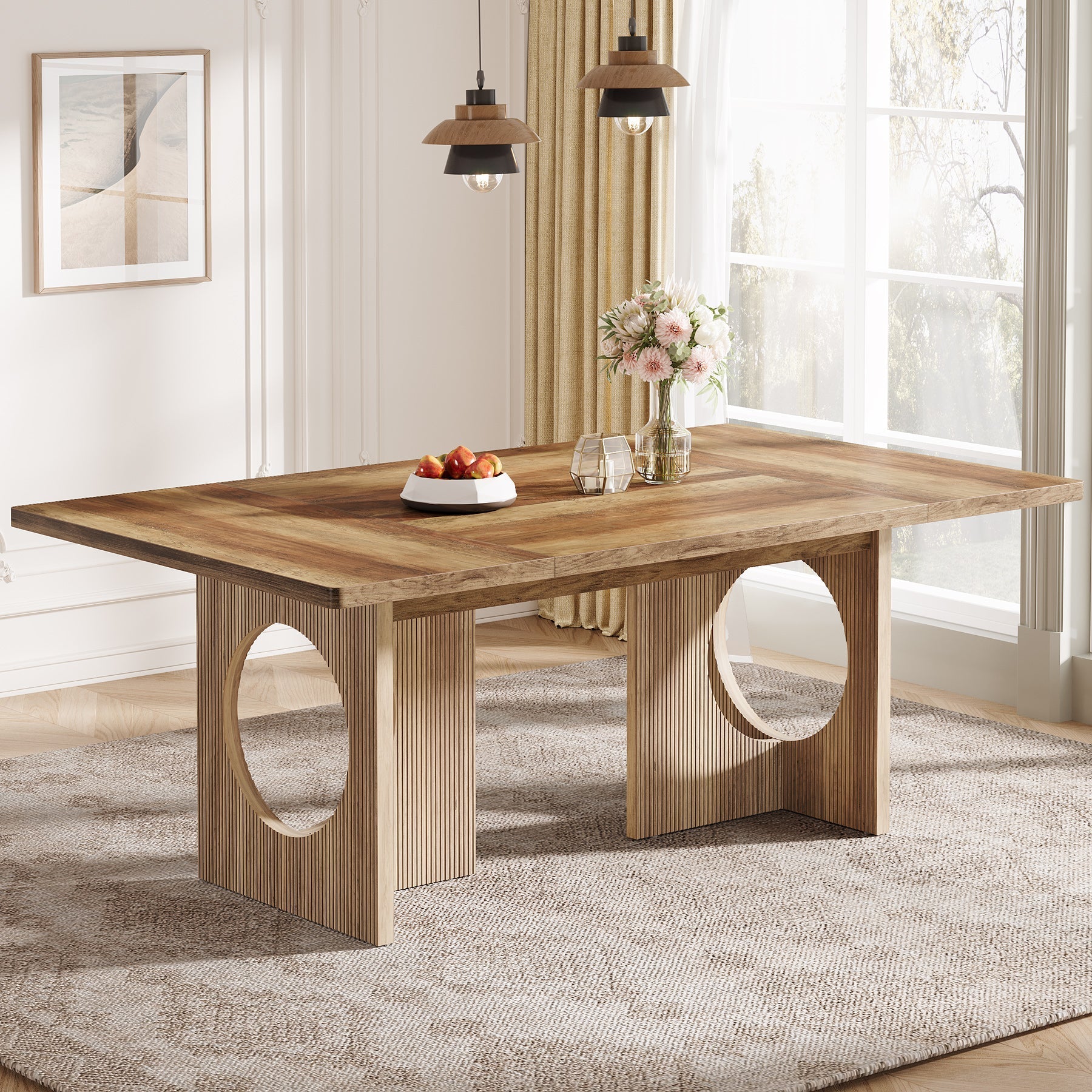 160 cm Wood Dining Table, Farmhouse Kitchen Table for 4-6 People