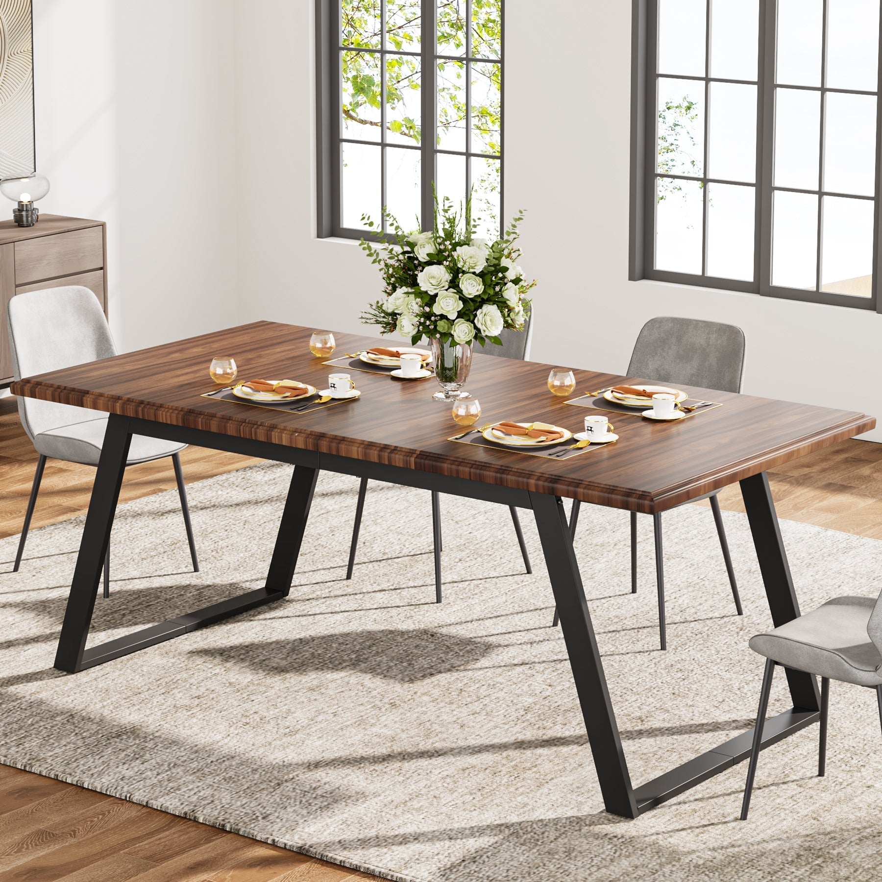 160 cm Wood Dining Table for 6, Rectangular Kitchen Table with Metal Legs