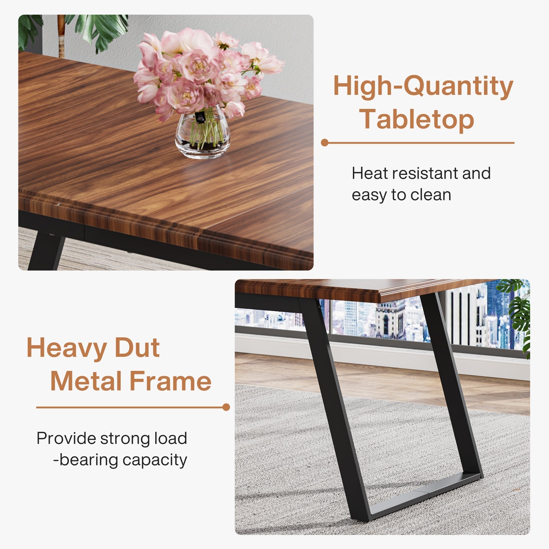 160 cm Wood Dining Table for 6, Rectangular Kitchen Table with Metal Legs