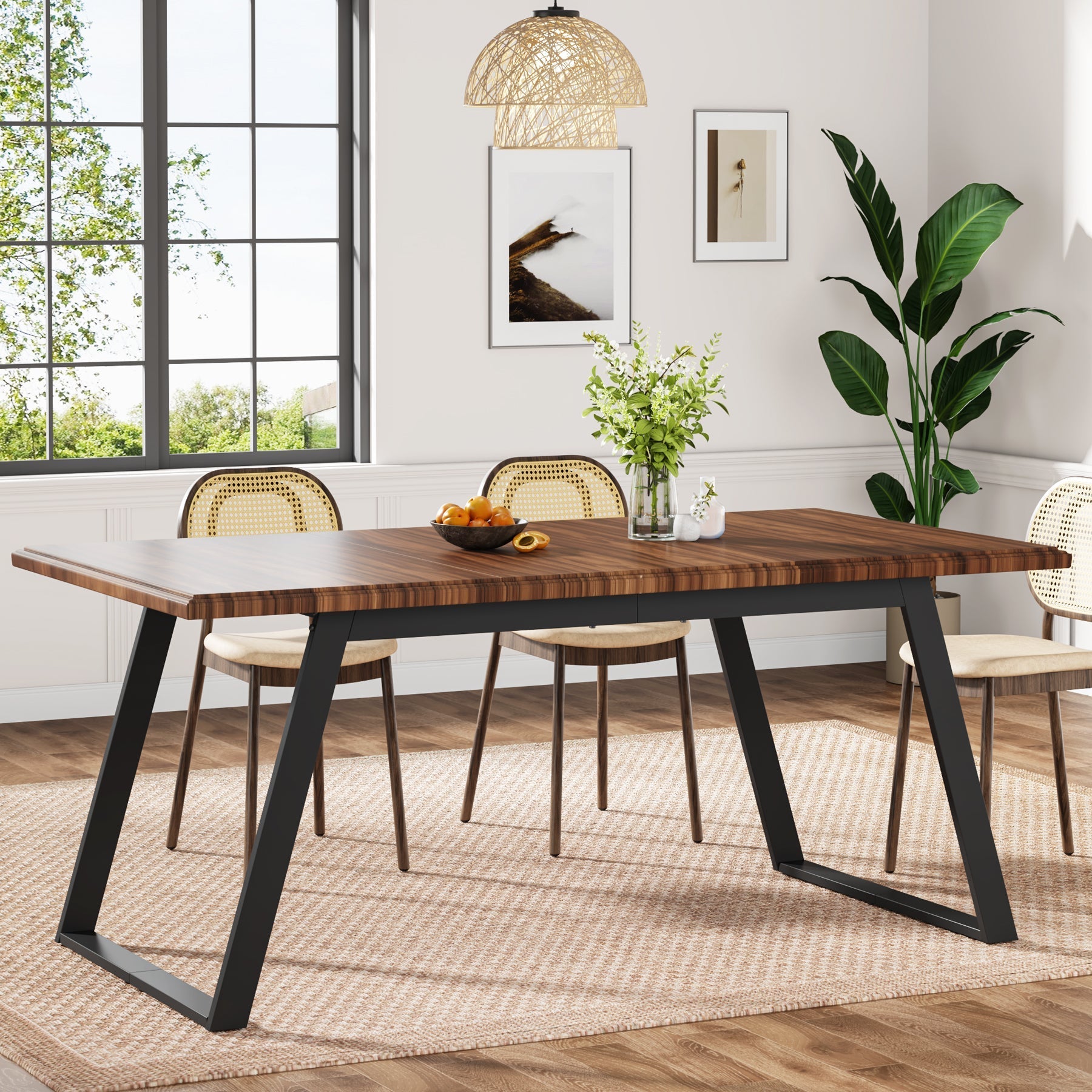 160 cm Wood Dining Table for 6, Rectangular Kitchen Table with Metal Legs