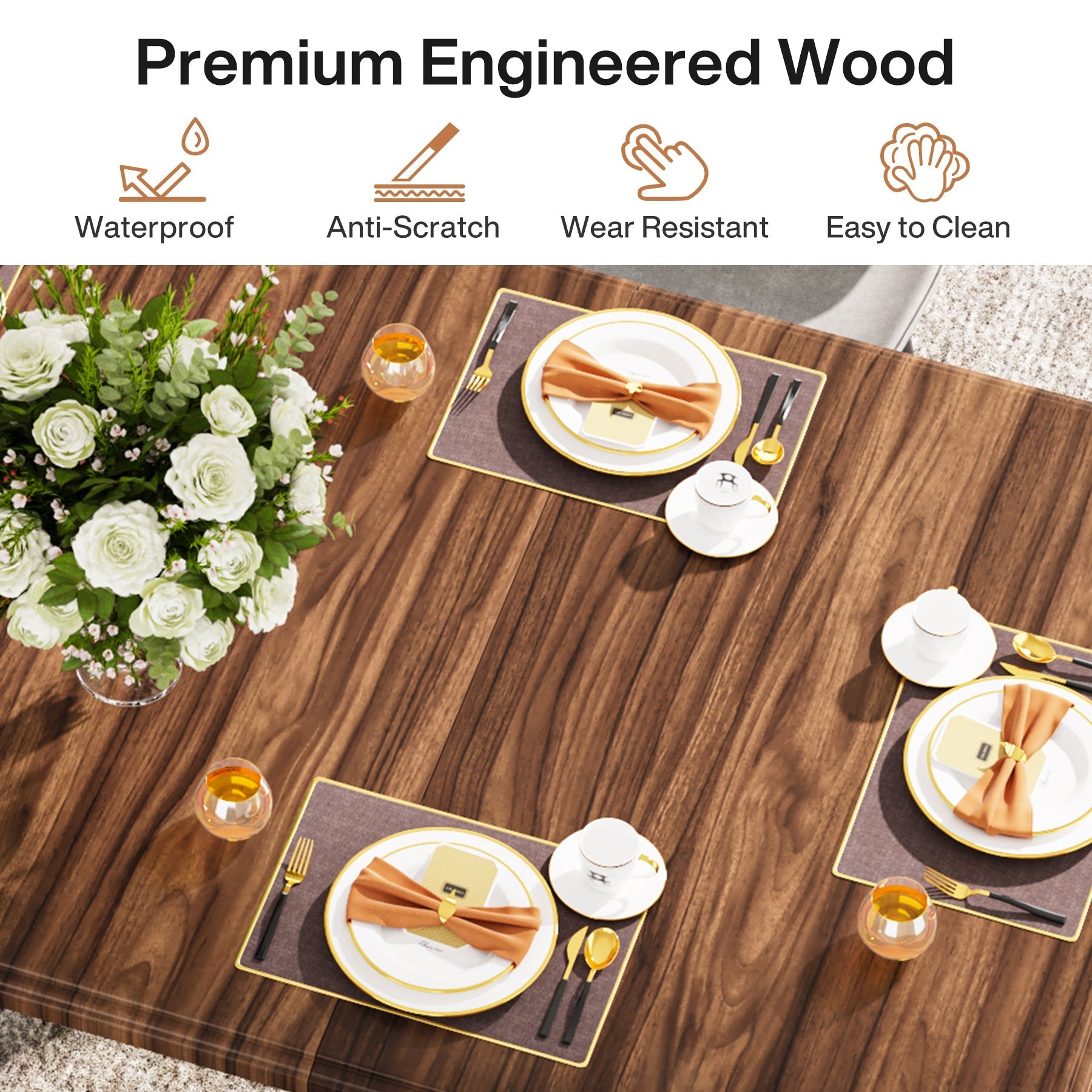 160 cm Wood Dining Table for 6, Rectangular Kitchen Table with Metal Legs