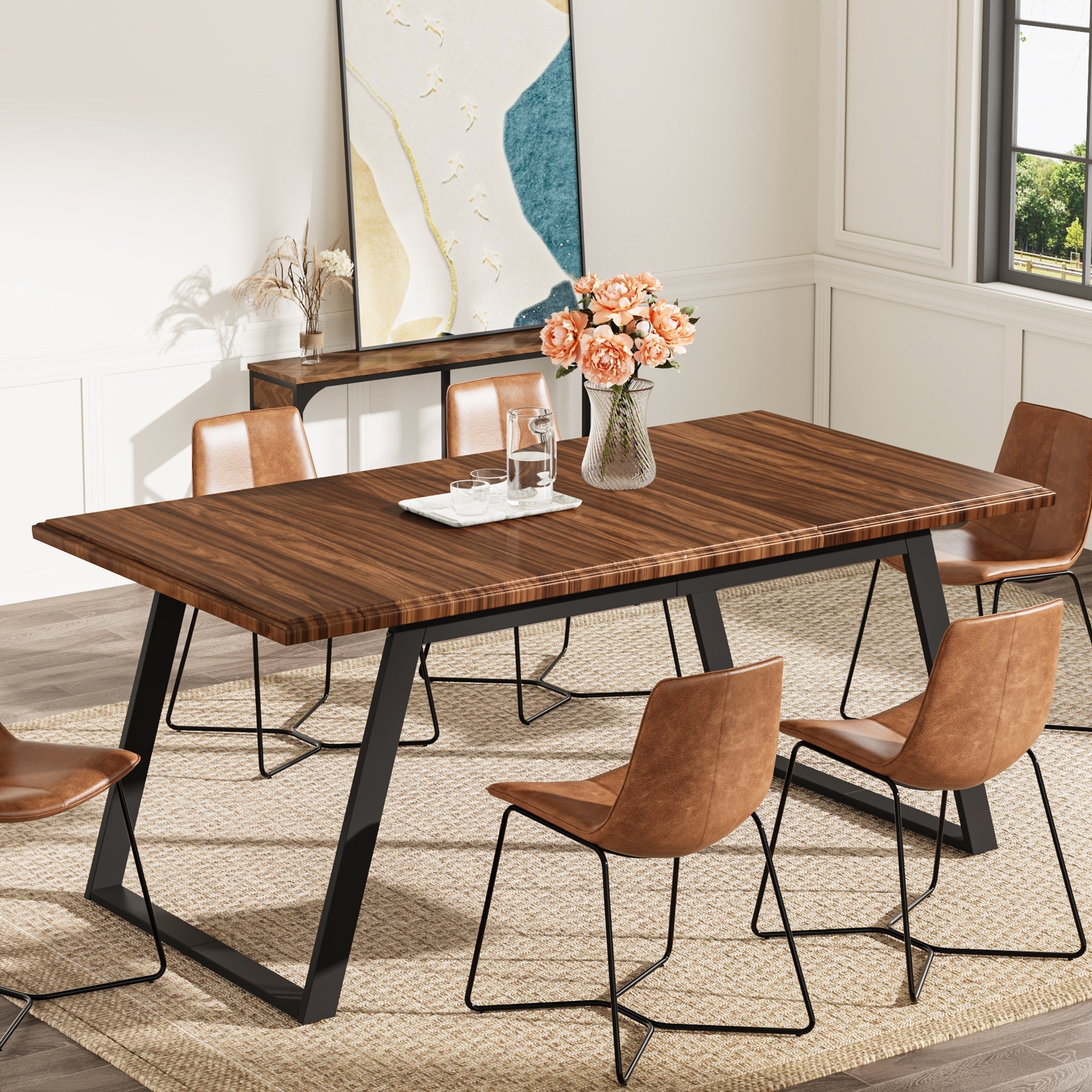 160 cm Wood Dining Table for 6, Rectangular Kitchen Table with Metal Legs