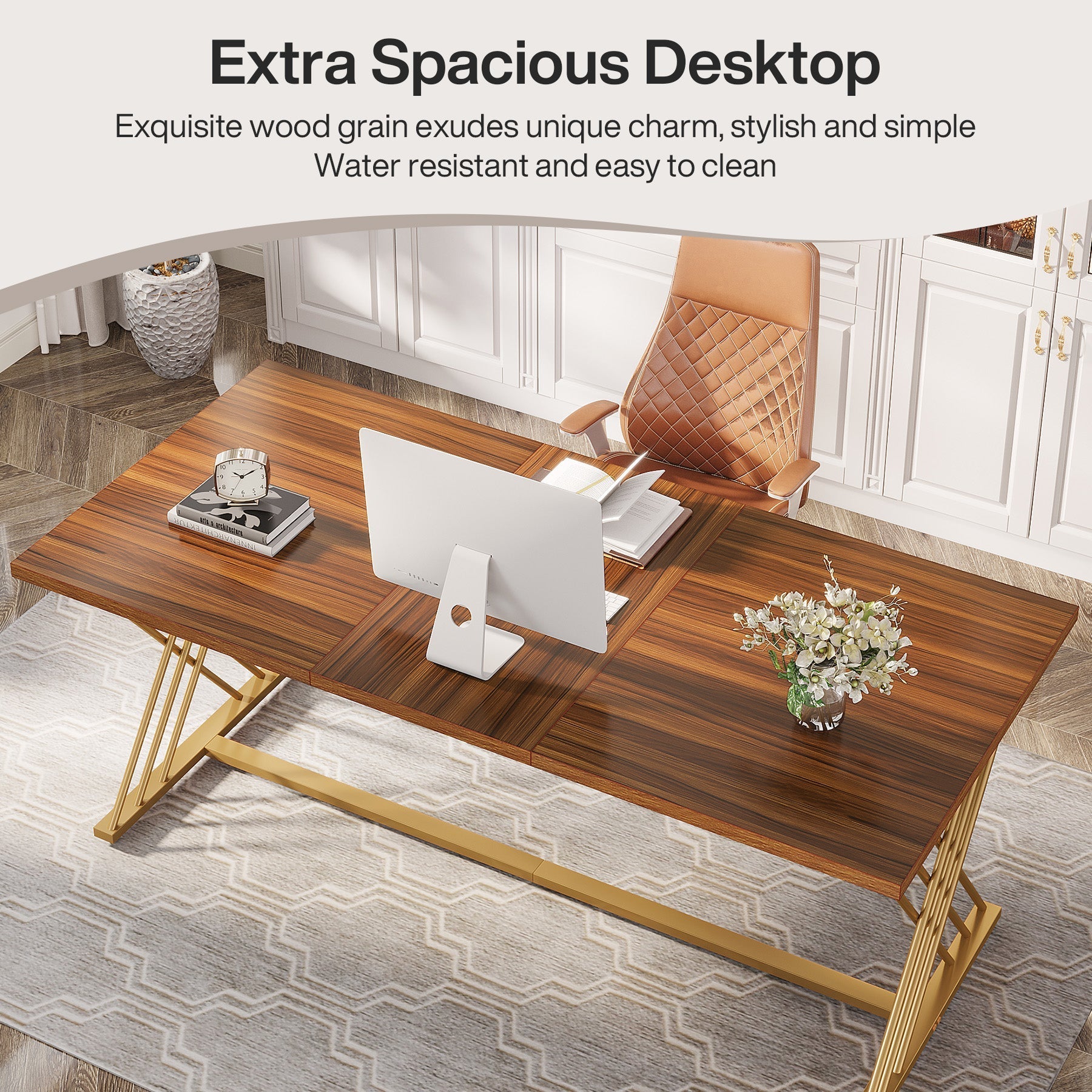 160 cm Wood Executive Desk Computer Desk with Metal Frame for Home Office