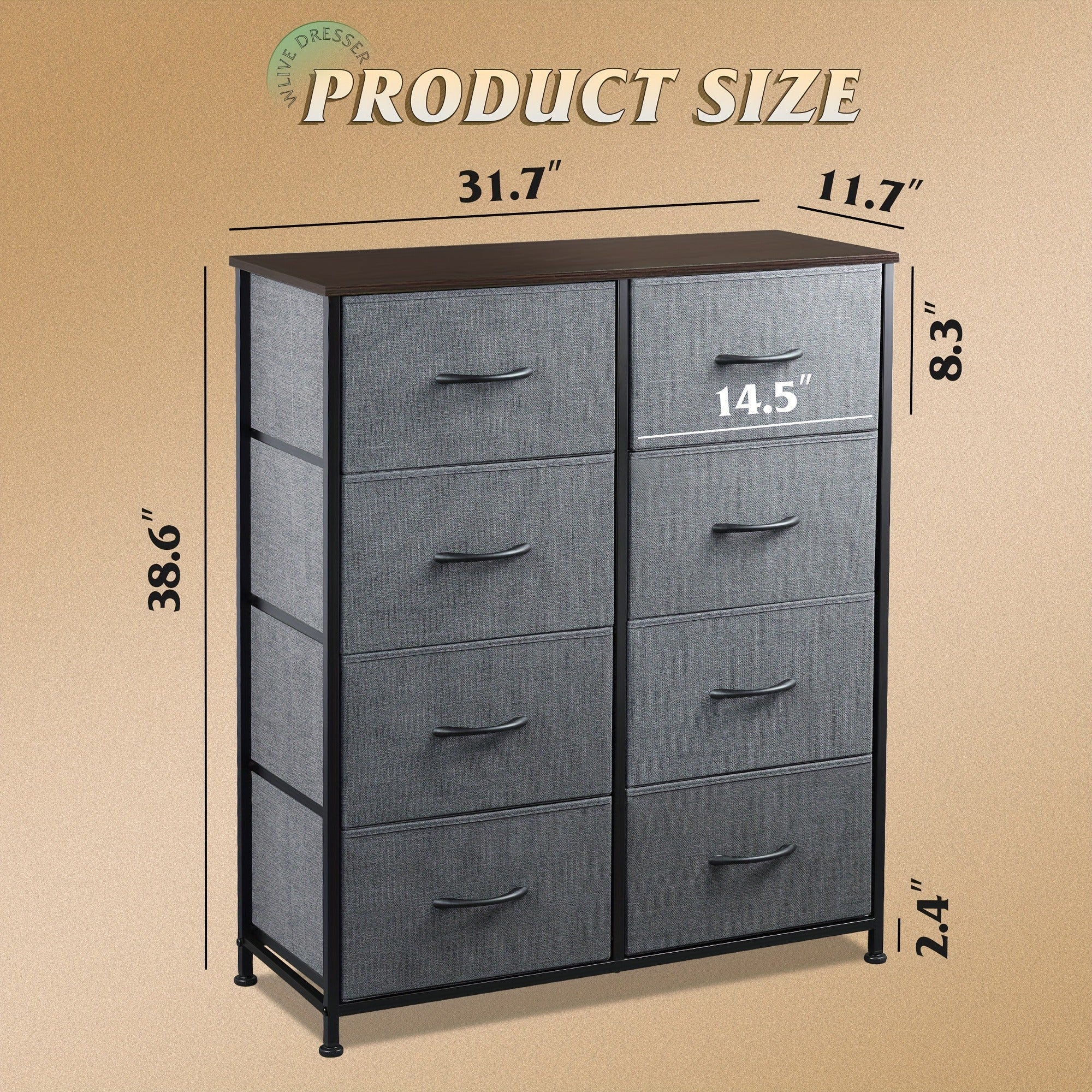 Fabric Dresser for Bedroom, Tall Dresser with 8 Drawers, Storage Tower with Fabric Bins, Double Dresser, Chest of Drawers for Closet, Living Room, Hallway