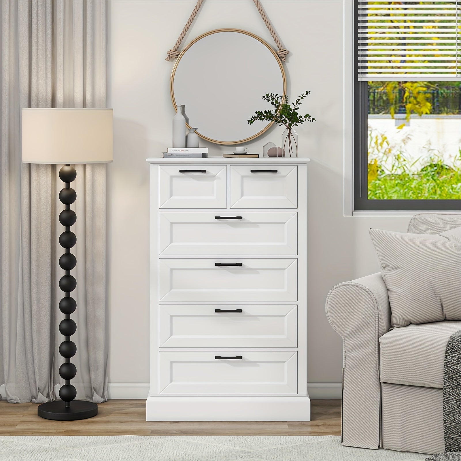 White 6 Drawer Dresser, 120cm Tall Modern Vertical Chest Of Drawers With Painted Wood, Storage Dressers For Bedroom, Living Room, Hallway, Entryway, White