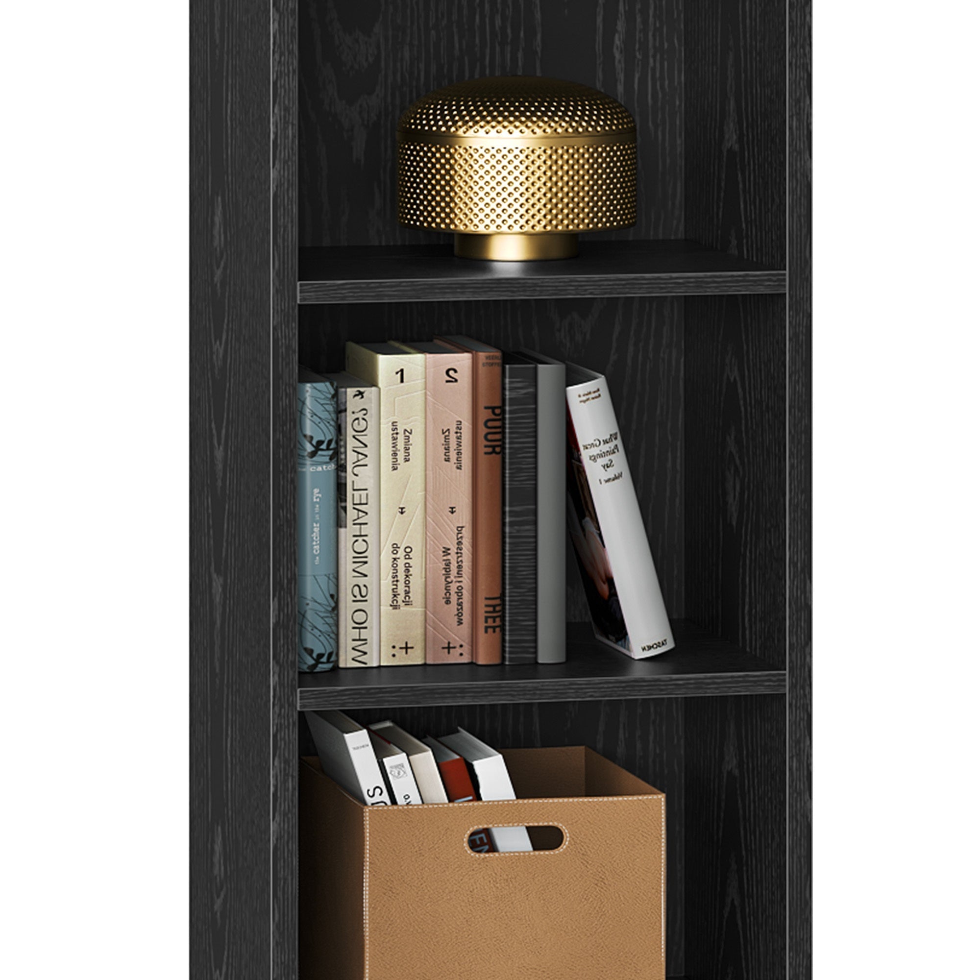 185cm Slim Modern Wooden Bookshelf - 6-Tier Open Display Rack with Storage, Narrow Design for Office, Living Room, or Study, Black with Decorative Accents