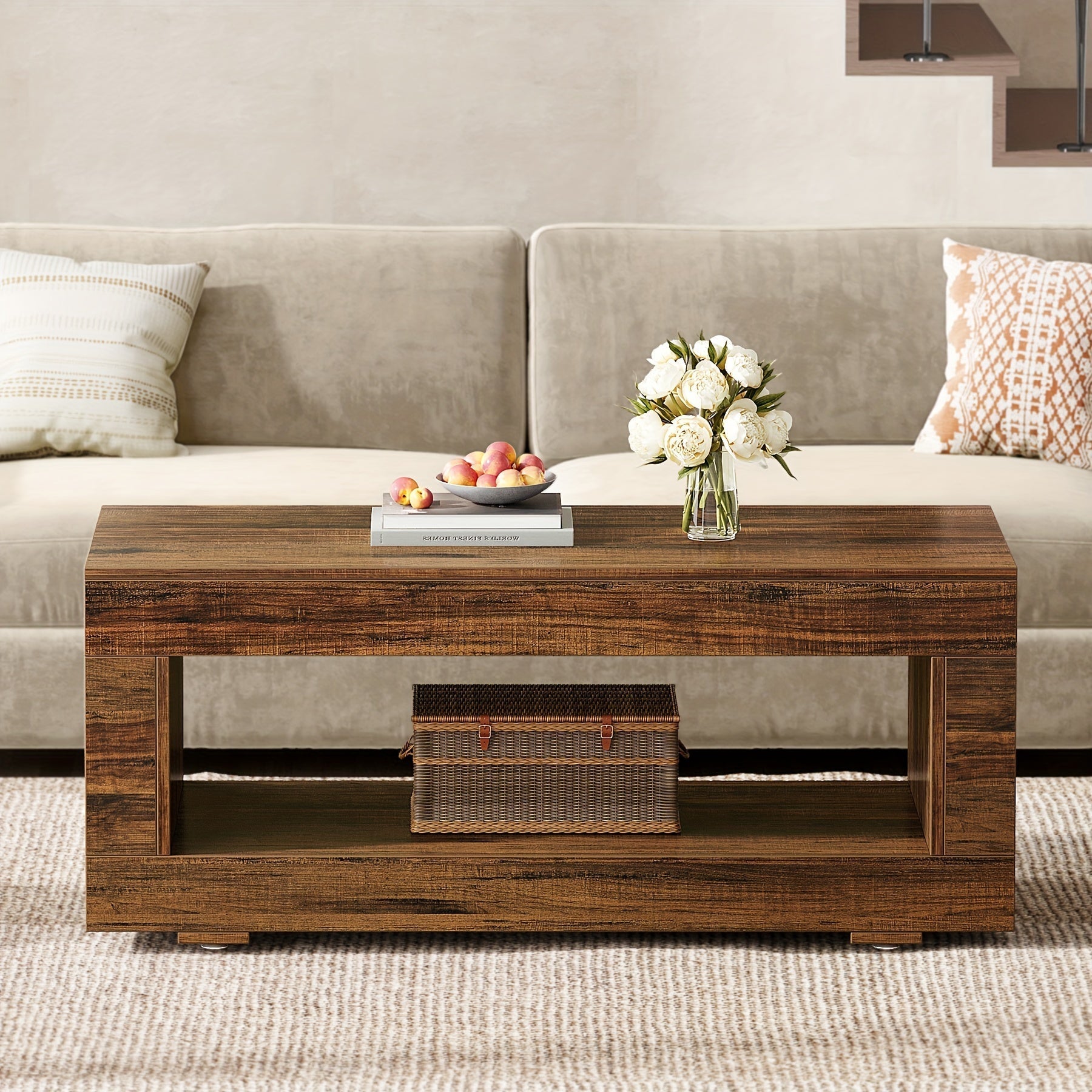 Coffee Table For Living Room, 107cm Modern Farmhouse Coffee Table With Storage, 2-Tier Wood Rectangular Center Table Cocktail Living Room Table With Sturdy Base, Rustic Brown