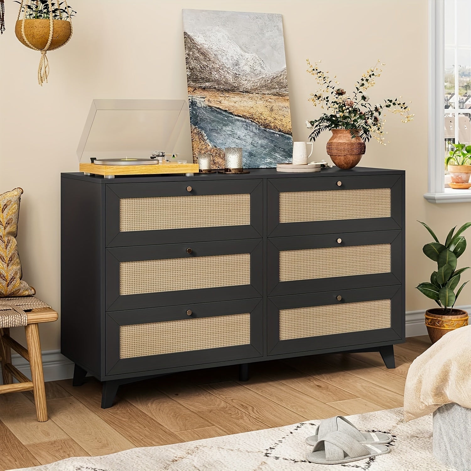 Rattan 6 Drawers Dresser For Bedroom Modern Double Wooden Wide Dresser Chest Of Drawers With Metal Handle For Living Room, Black