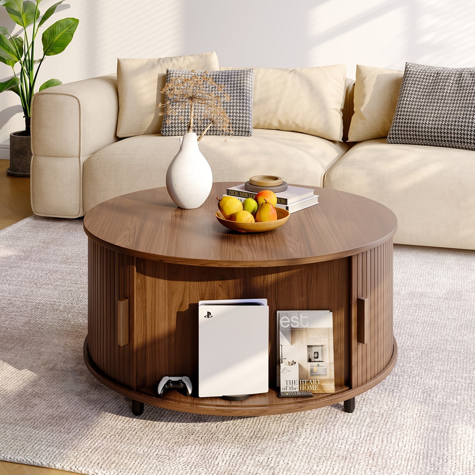 Wooden Round Coffee Table 80cm Center Table With Storage Space, 360° Curved Sliding Door And Adjustable Footrest Sofa Side Table For Family Living Room Walnut