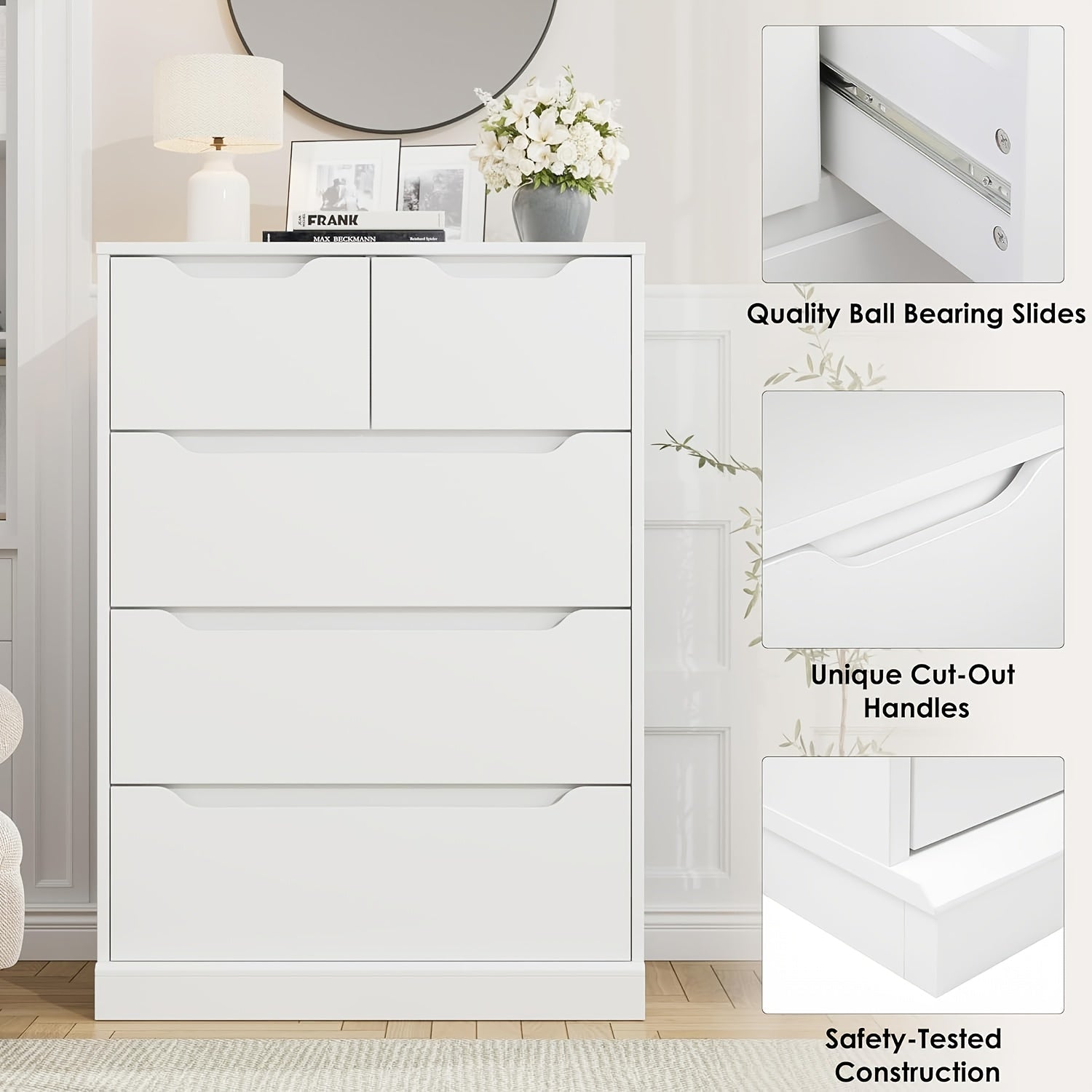 5 Drawer Dresser For Bedroom, Chest Of Drawers With Storage, Storage Chest Organizers With Cut-Out Handles, Accent Storage Cabinet For Living Room, Entryway, Hallway, White