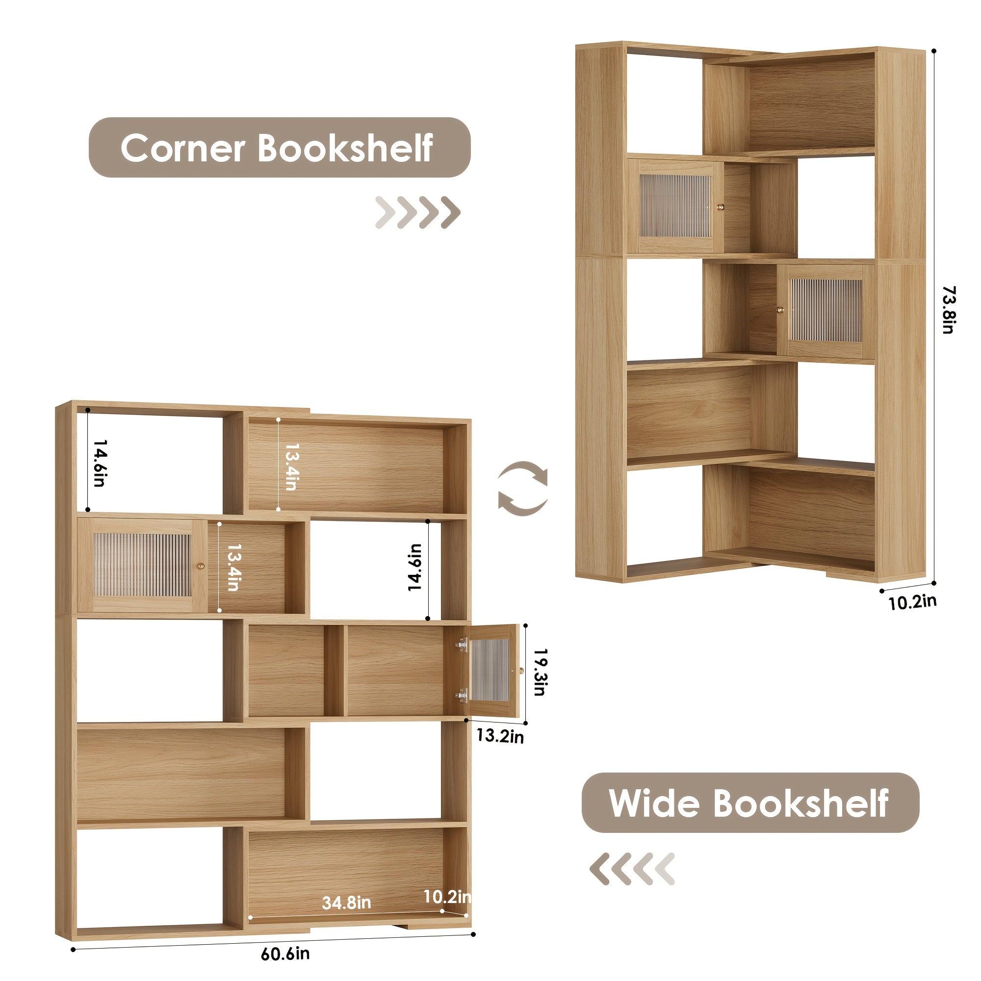 Reversible Wood Grain Bookshelf with Doors - 60.6" Tall, Spacious Storage for Living Room, Home Office, Library