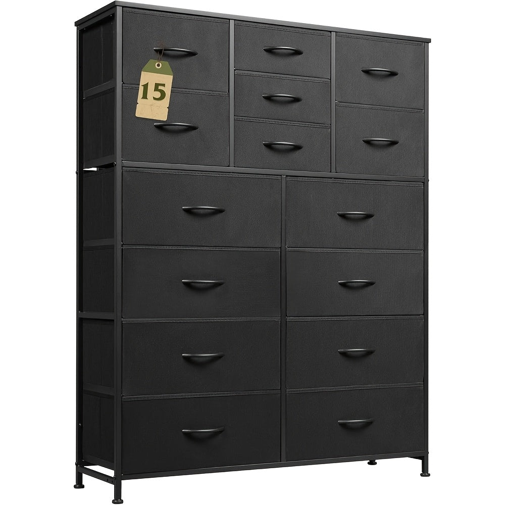 Tall Dresser for Bedroom Furniture, Fabric Dressers Storage Tower with 15 Deep Drawers, Chest of Drawers Organizer Unit, Dresser for Closet, Hallway, Entryway, Charcoal Black Wood Grain Print