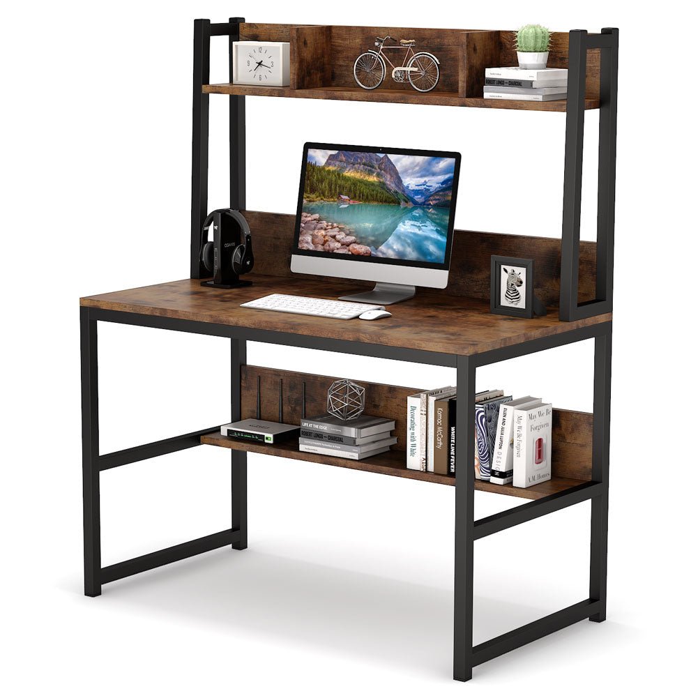 140 cm Tall Computer Desk, Home Office Desk with Hutch and Shelves