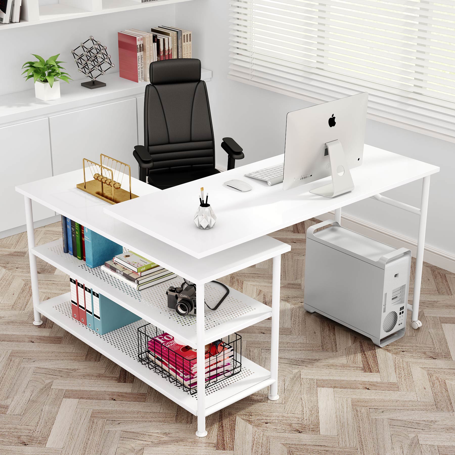 360° Rotating Desk, Modern L-Shaped Desk with Storage Shelves (Dimensions in cm)