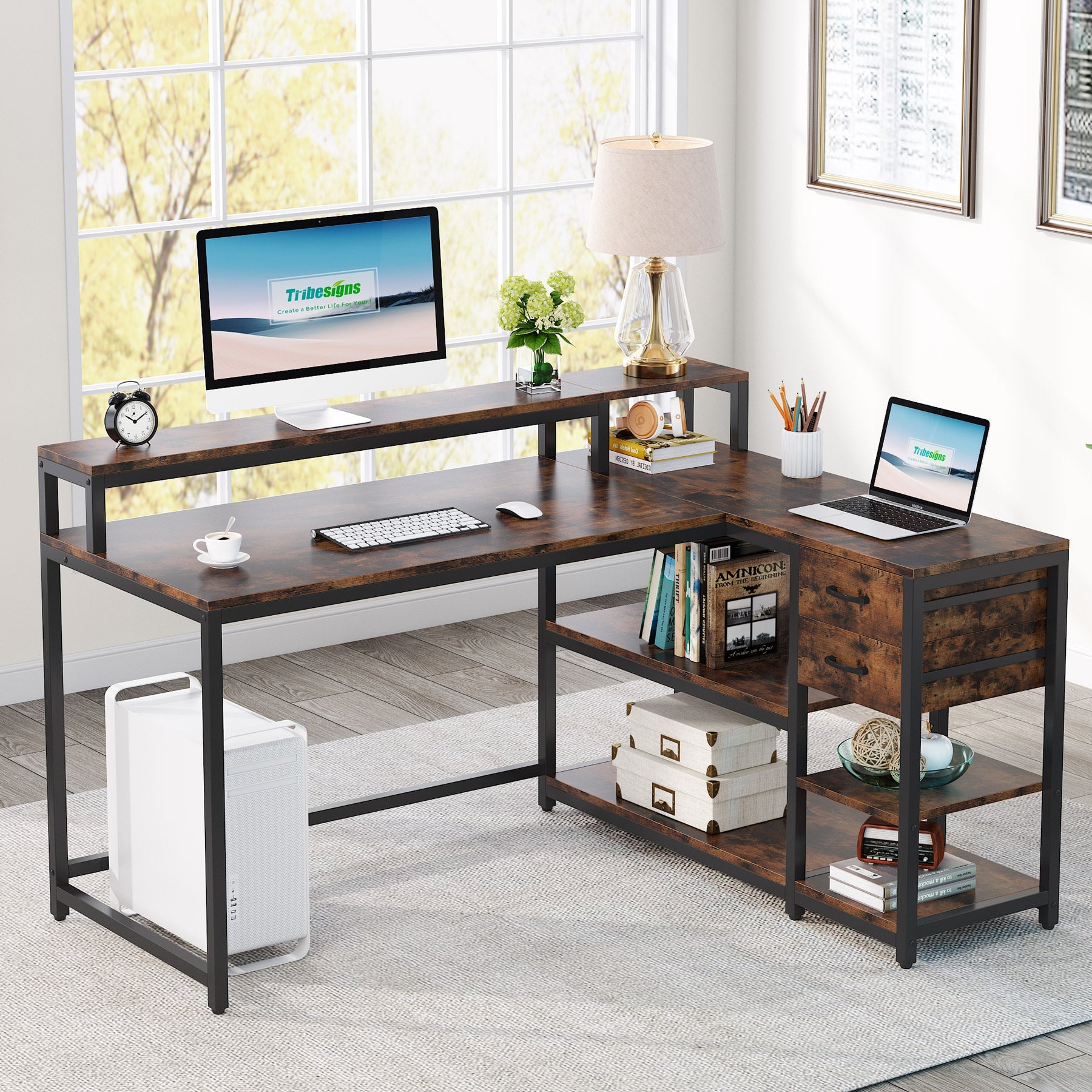 Reversible L-Shaped Desk, Industrial Corner Desk with Drawer & Shelves (Dimensions in cm)