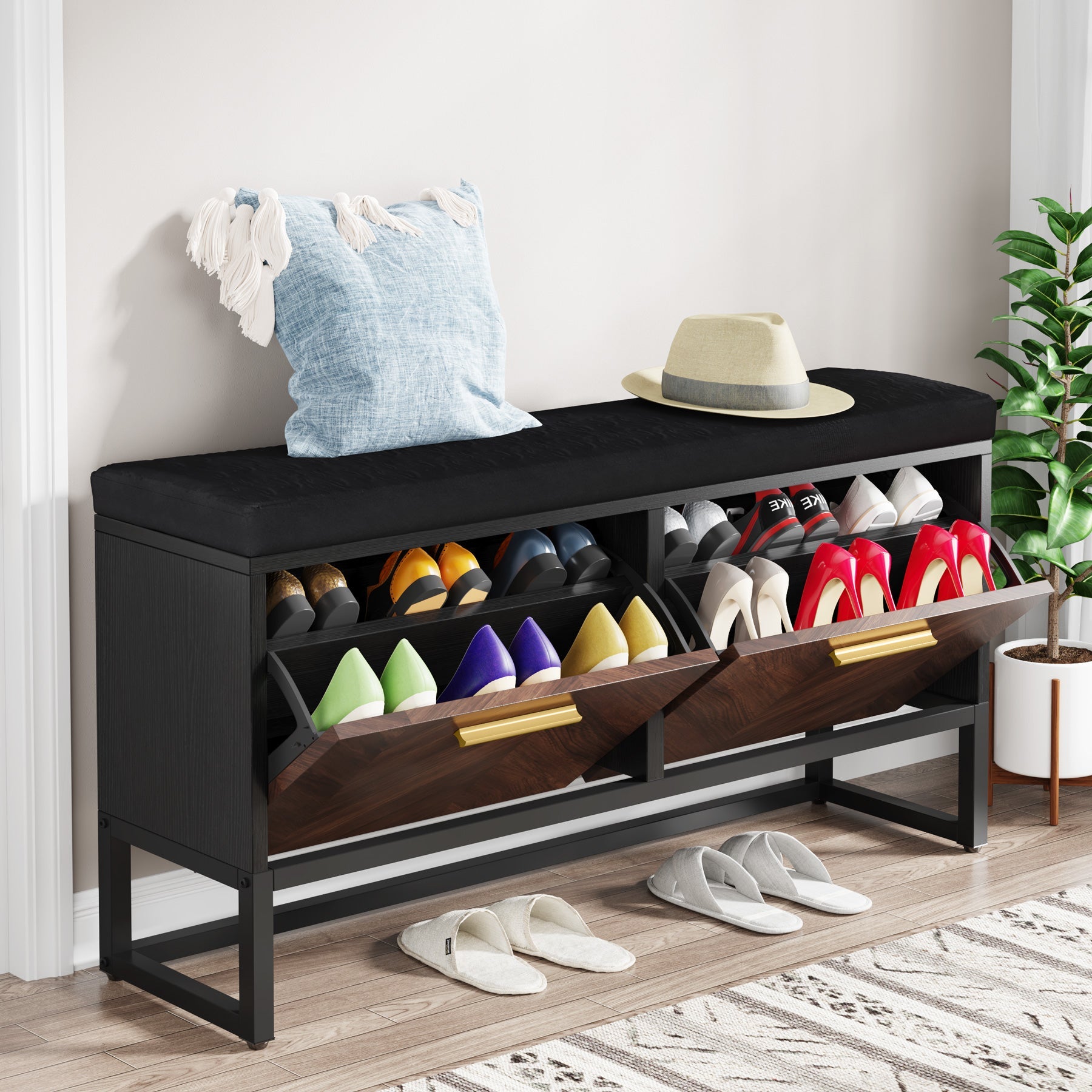 Entryway Shoe Storage Bench, Hallway Shoe Organizer with 2 Flip Drawers (in cm)