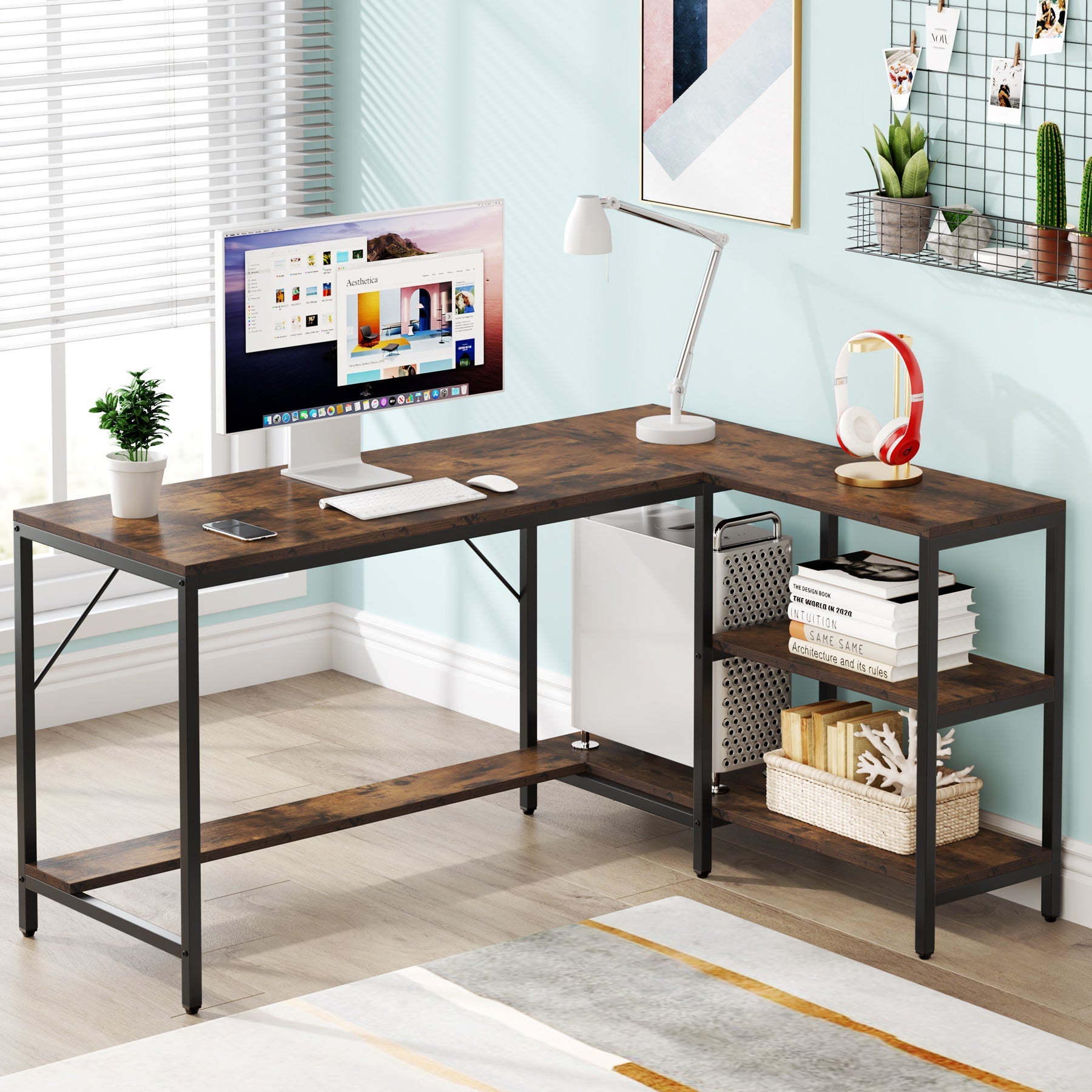 Reversible L-Shaped Desk, Corner Computer Desk with Storage Shelves (Dimensions in cm)